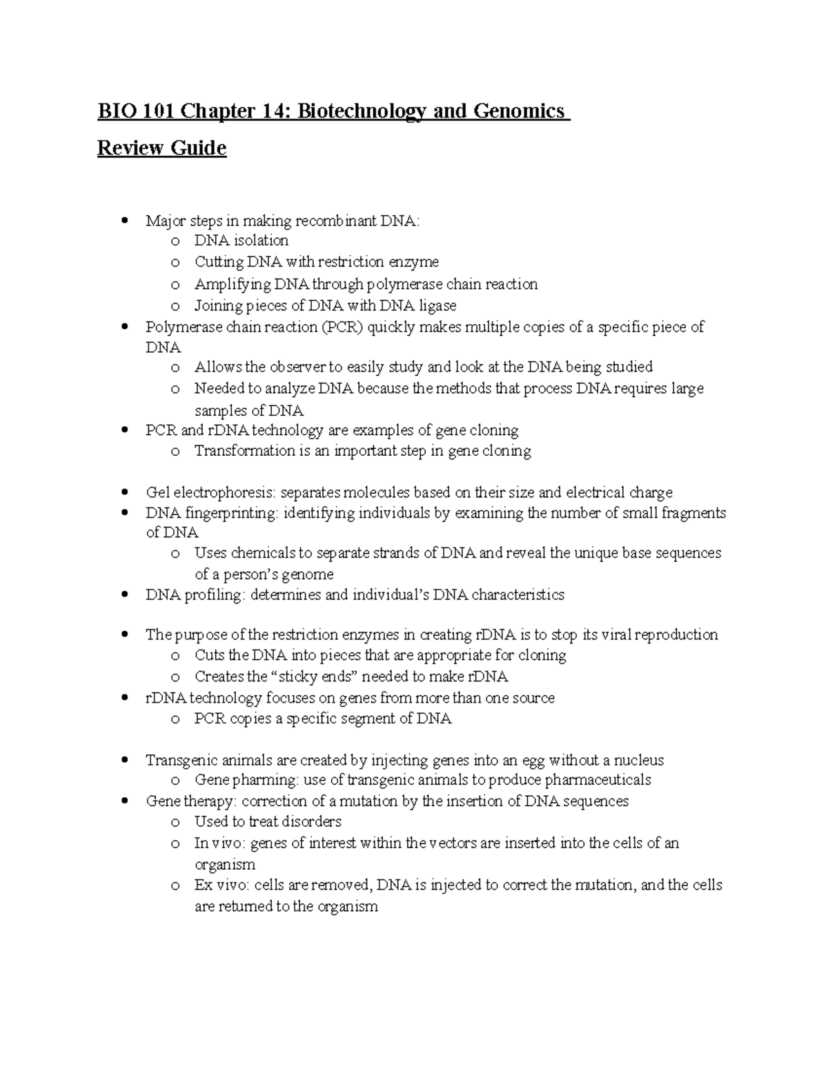 BIO 101 Chapter 14 Review Guide - BIO 101 Chapter 14: Biotechnology And ...