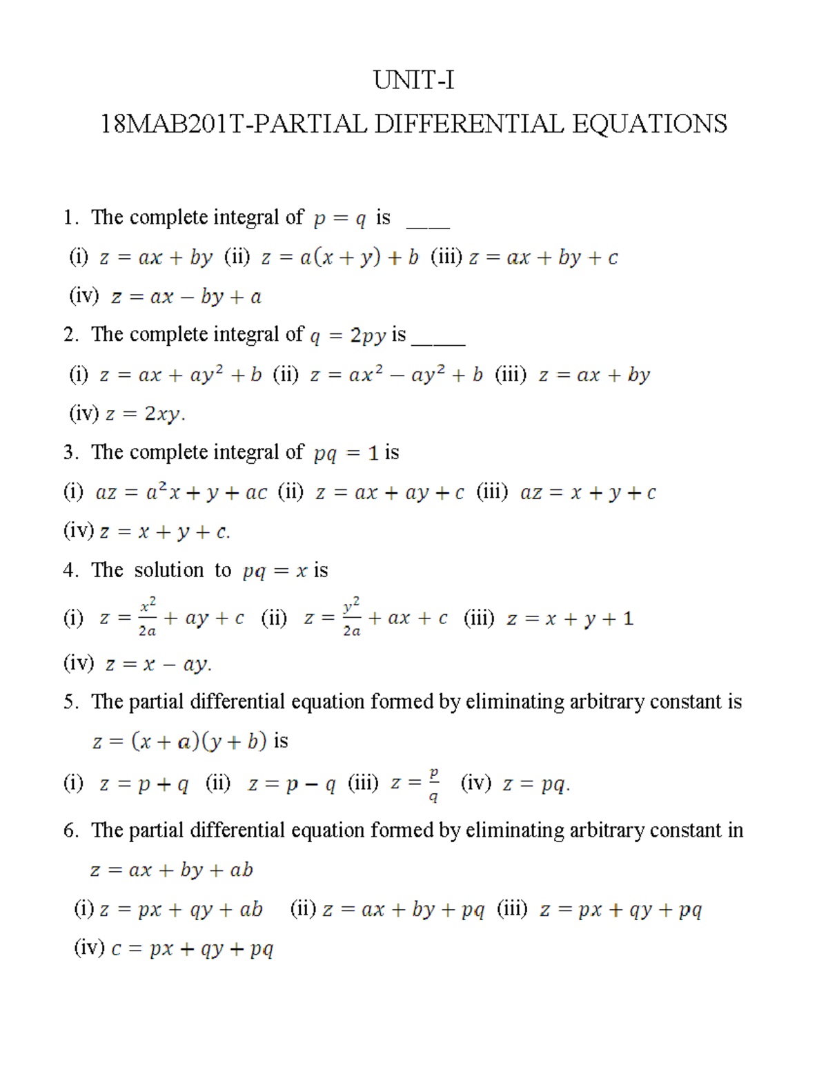 Unit 1 PDE - Ghh - UNIT-I 18MAB201T-PARTIAL DIFFERENTIAL EQUATIONS The ...
