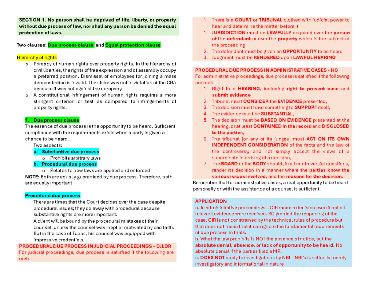 [ Consti 2] MT Reviewer - Bill of Rights - SECTION 1. No person shall ...