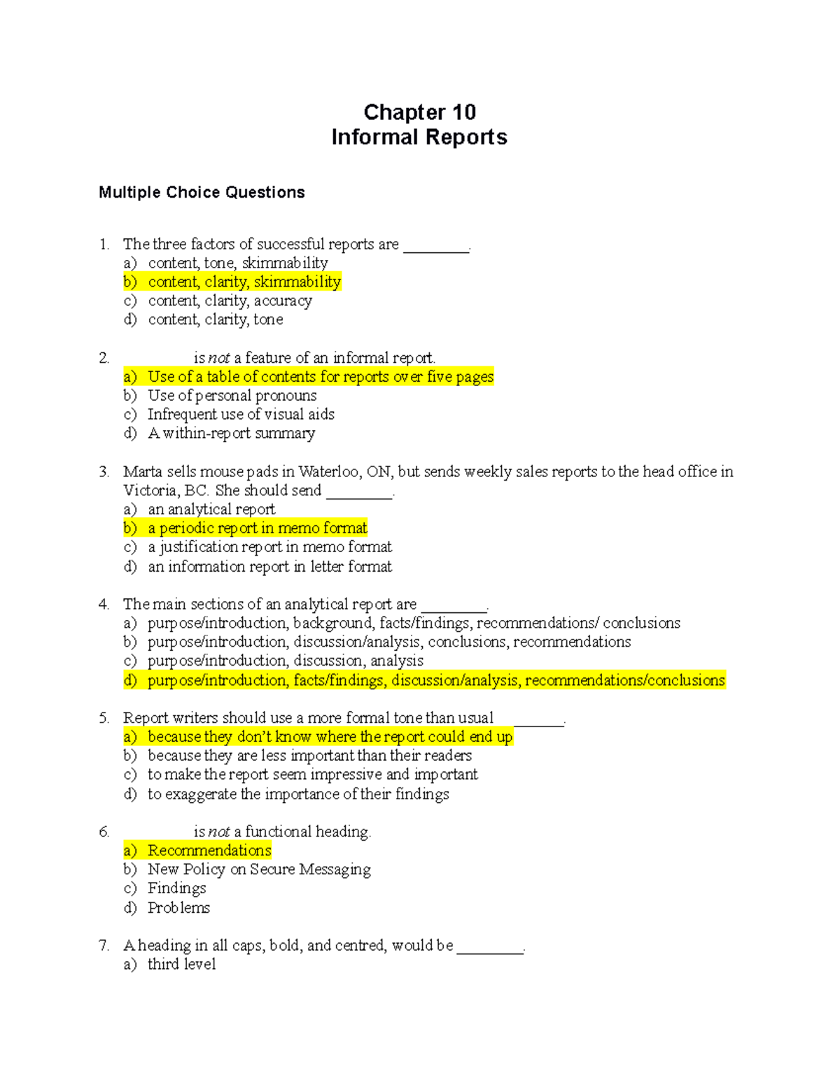 Informal Reports Quiz - Iii - Chapter 10 Informal Reports Multiple ...