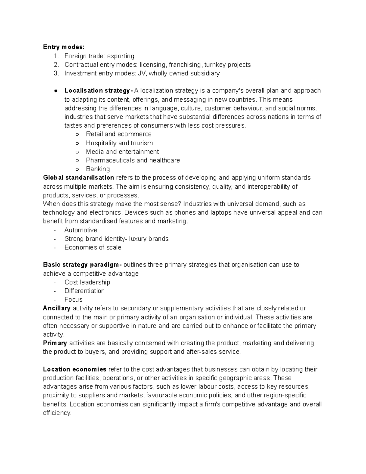 Busi revision - Summary International Business - Entry modes: 1 ...