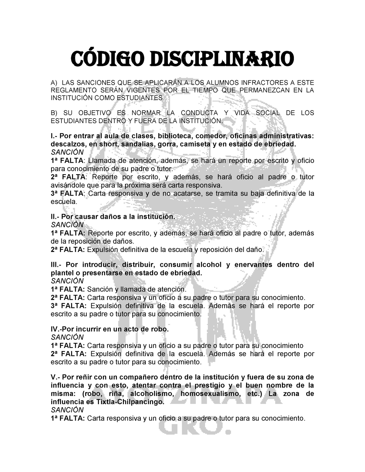 Codigo Disciplinario - Normales Rurales - CÓDIGO DISCIPLINARIO A) LAS  SANCIONES QUE SE APLICARÁN A - Studocu