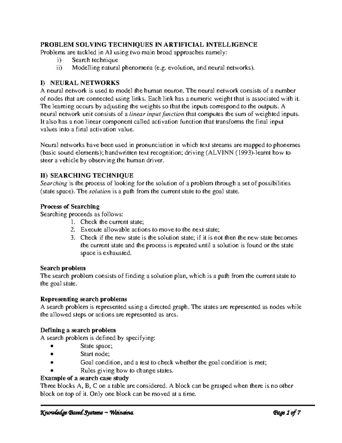 Lecture notes, lecture week 3 - Search notes - PROBLEM SOLVING ...