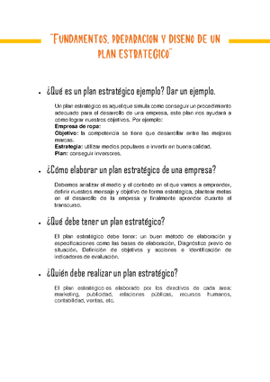  PLAN Estrategico -  ¿Qué es un plan estratégico ejemplo? Dar un  ejemplo. Un plan estratégico - Studocu