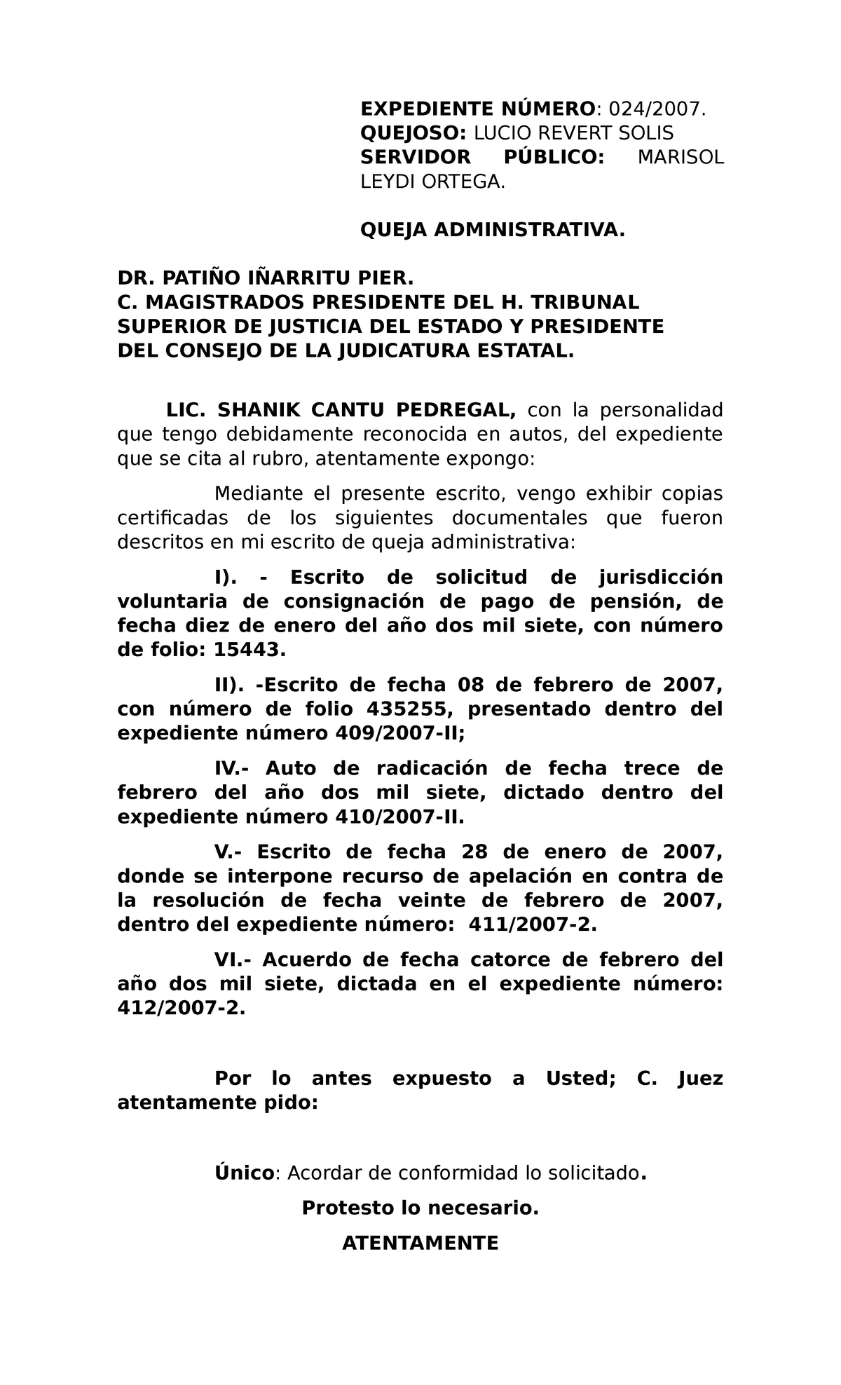 Ejemplo de Queja Administrativa ante Magistrados en Materia de Derecho  Administrativo - EXPEDIENTE - Studocu