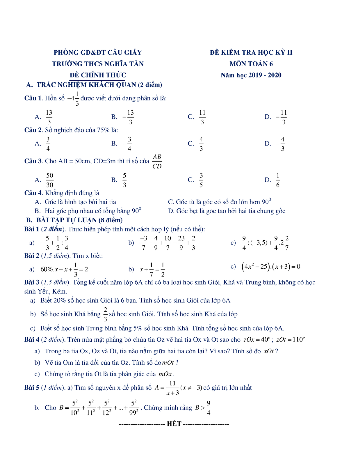 De thi hoc ki 2 toan 6 nam hoc 2019 2020 truong thcs nghia tan ha noi ...