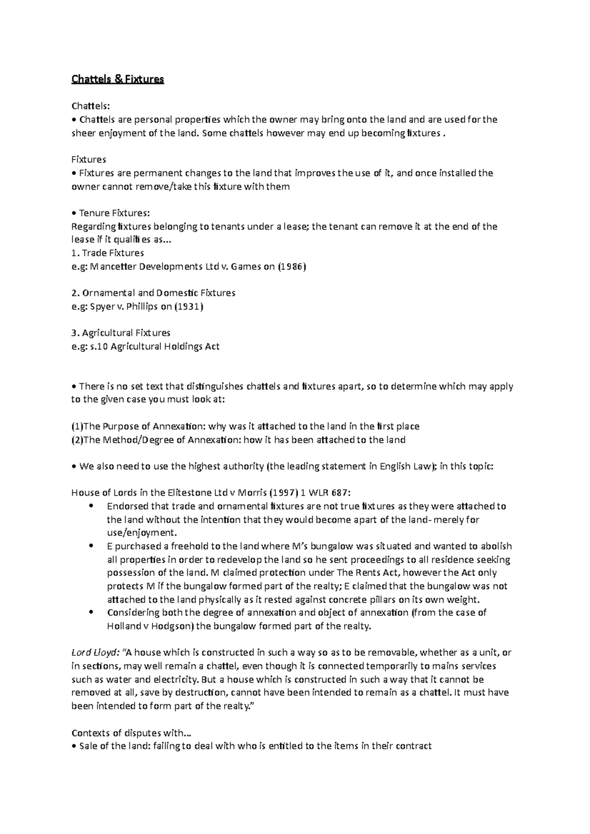 Land Law Chattels & Fixtures Chattels & Fixtures Chattels Chattels
