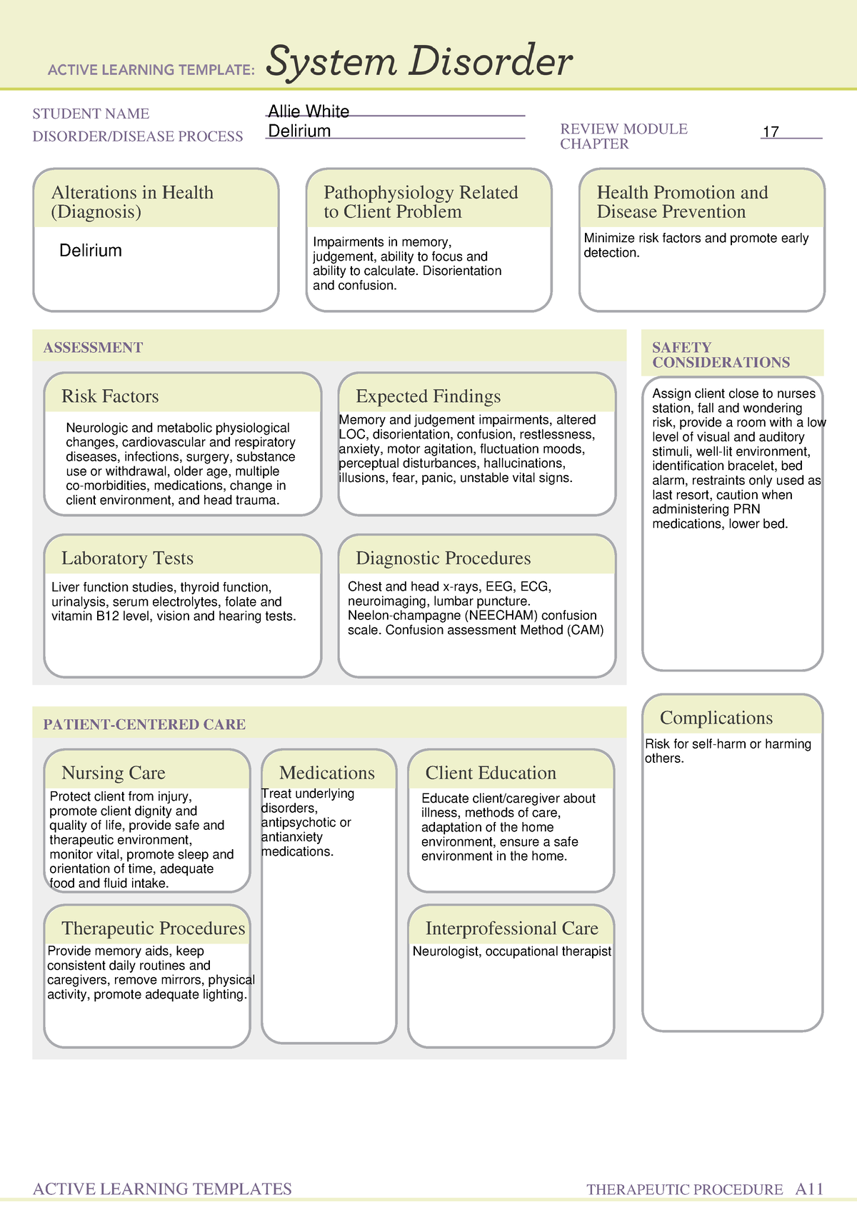 System Disorder form - Delerium - STUDENT NAME DISORDER/DISEASE PROCESS ...