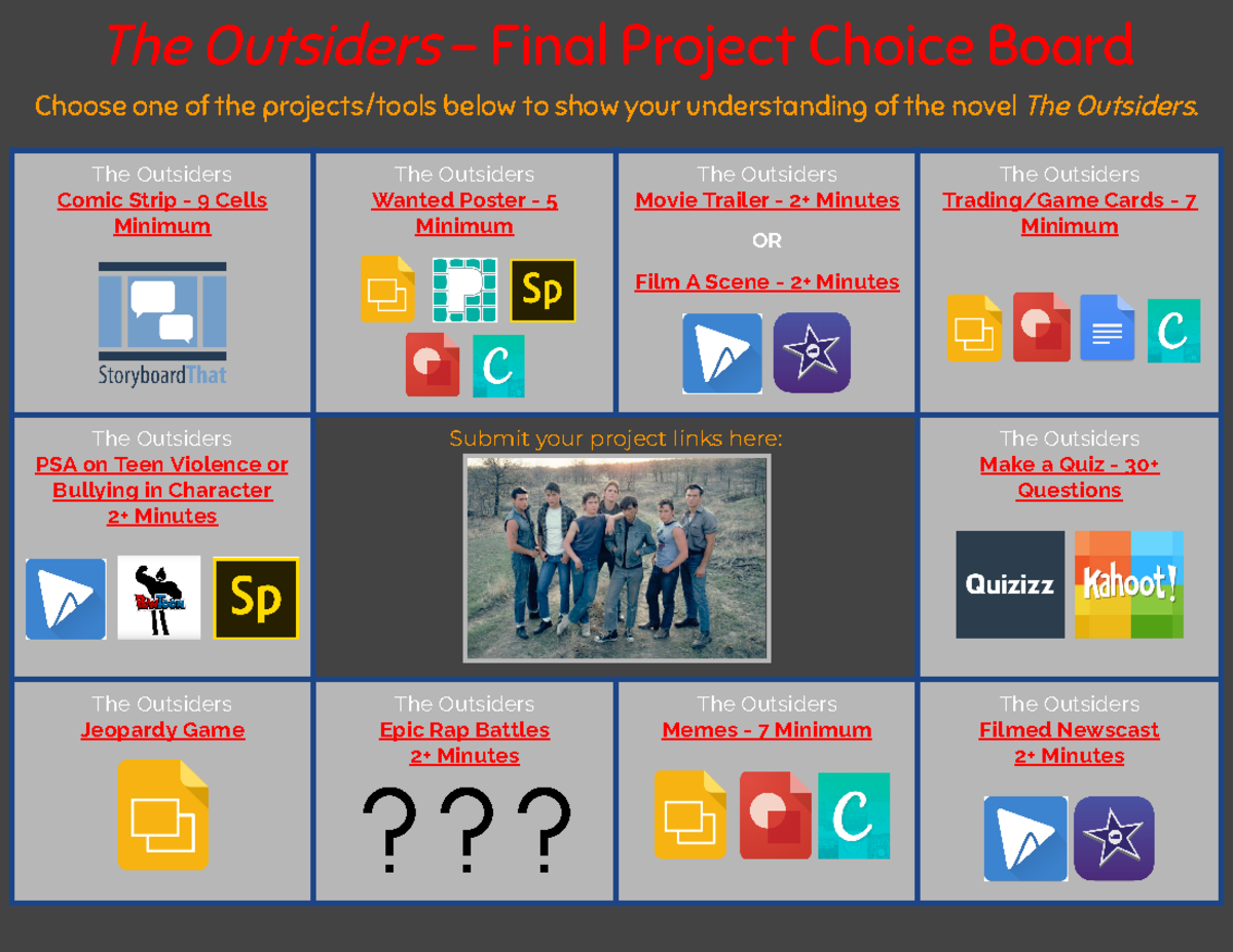 Copy of M - The Outsiders - Final Project Choice Board - The Outsiders ...