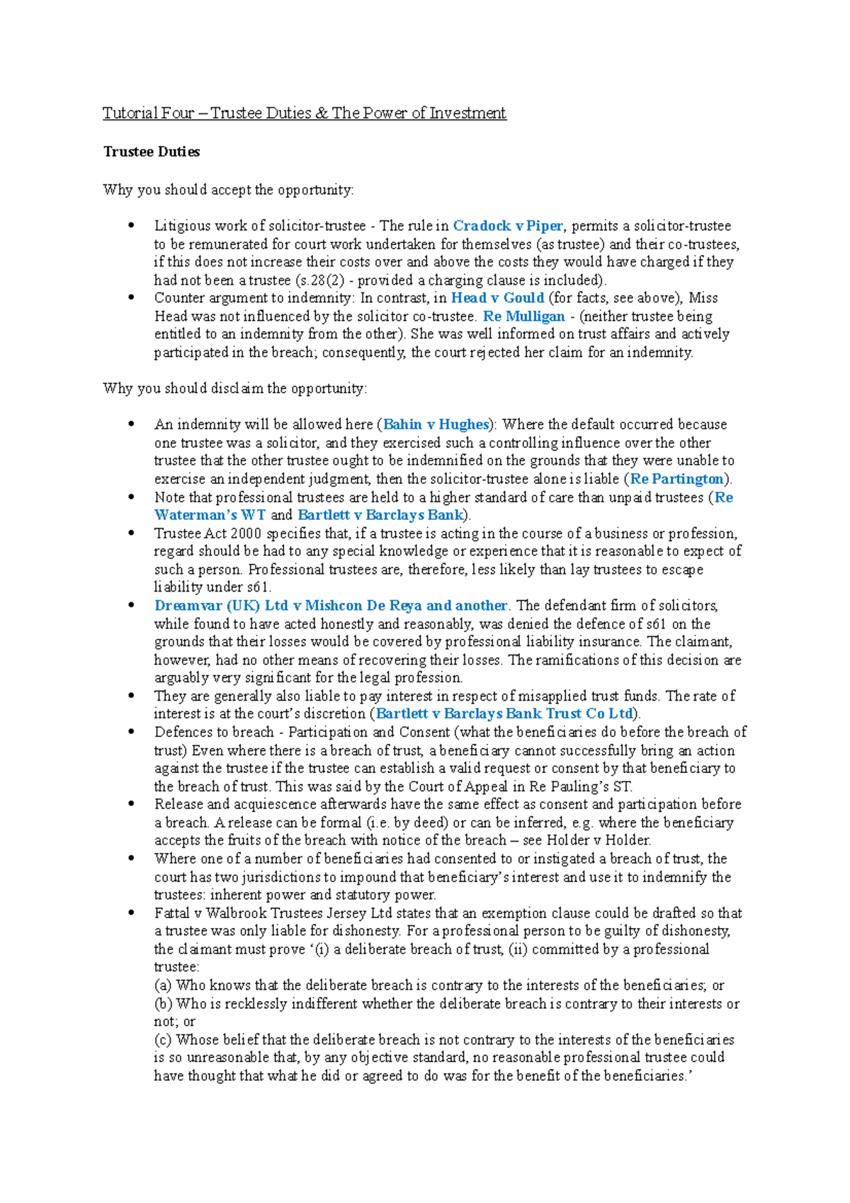 Tutorial Four – Trustee Duties - Tutorial Four – Trustee Duties & The ...