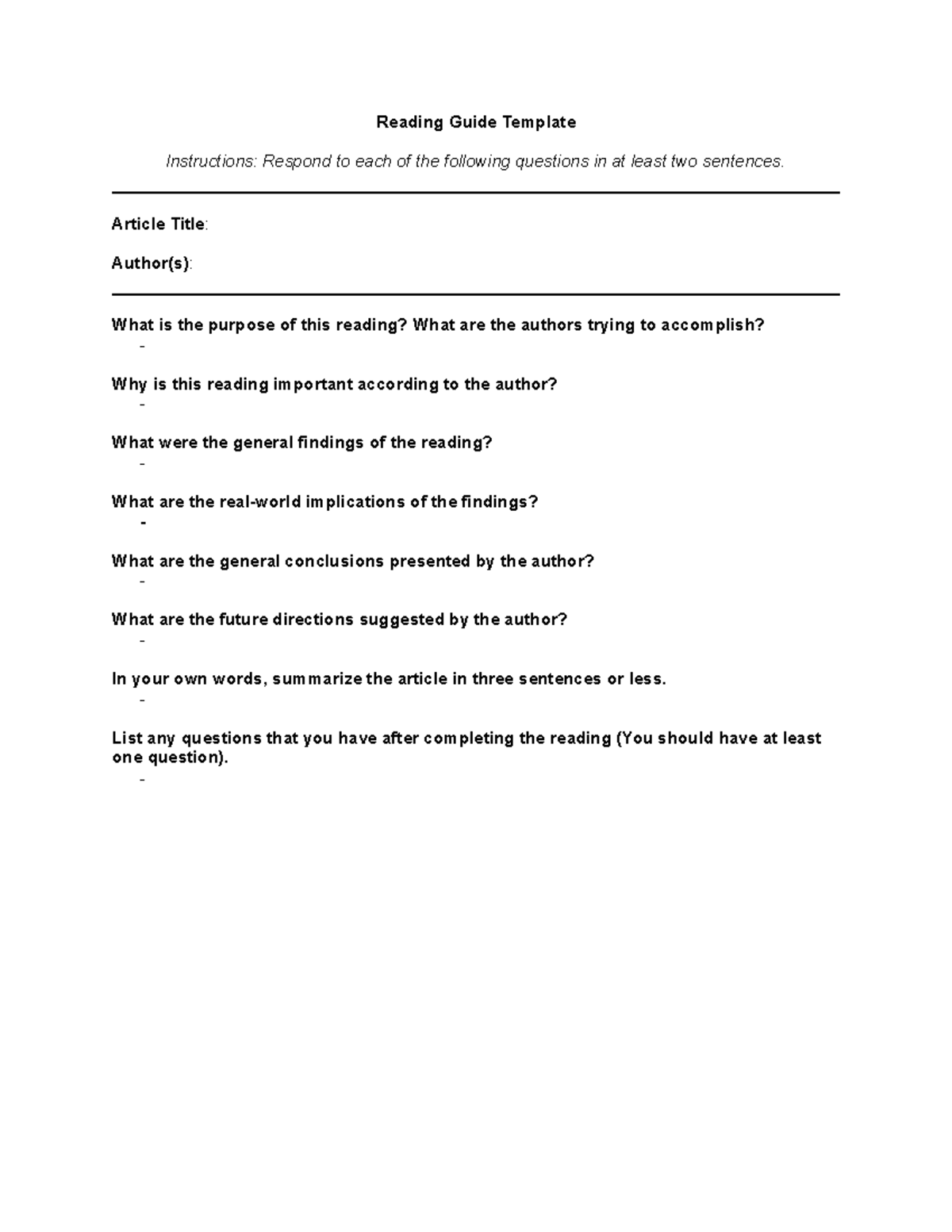 Reading Guide Template - Reading Guide Template Instructions: Respond ...
