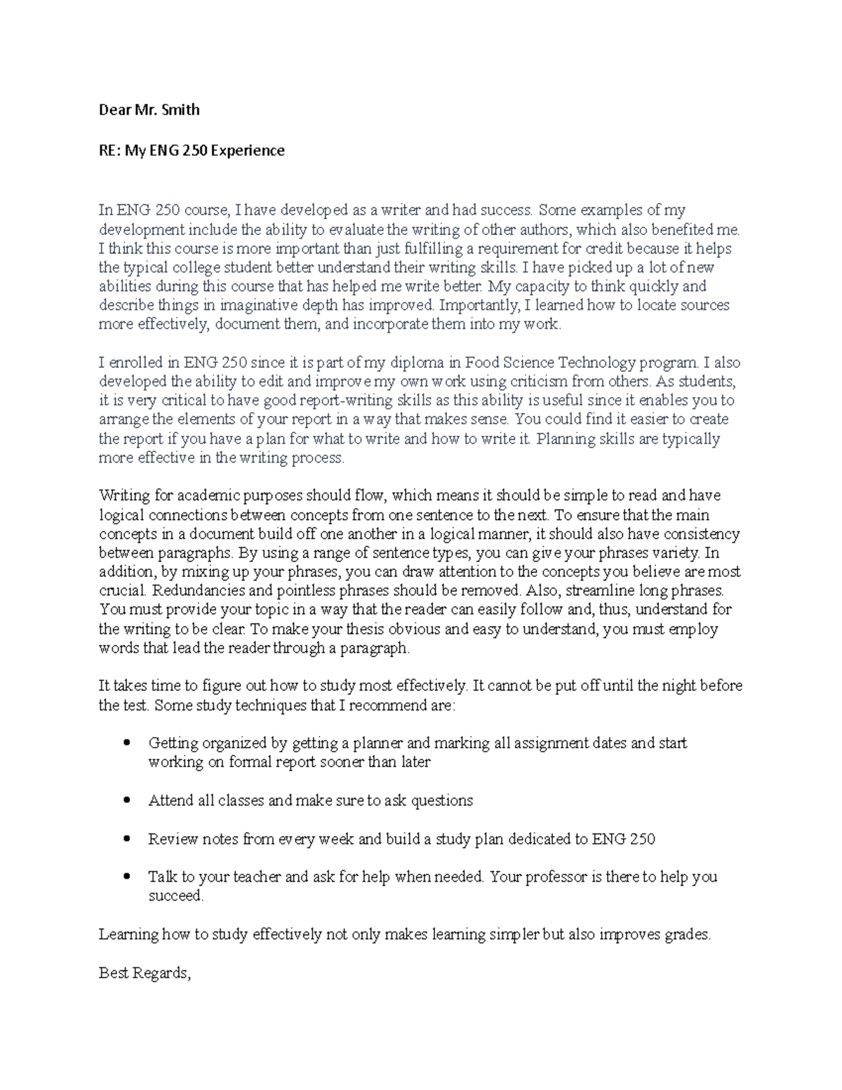 Reflection Letter Final Copy - Dear Mr. Smith Re: My Eng 250 Experience 