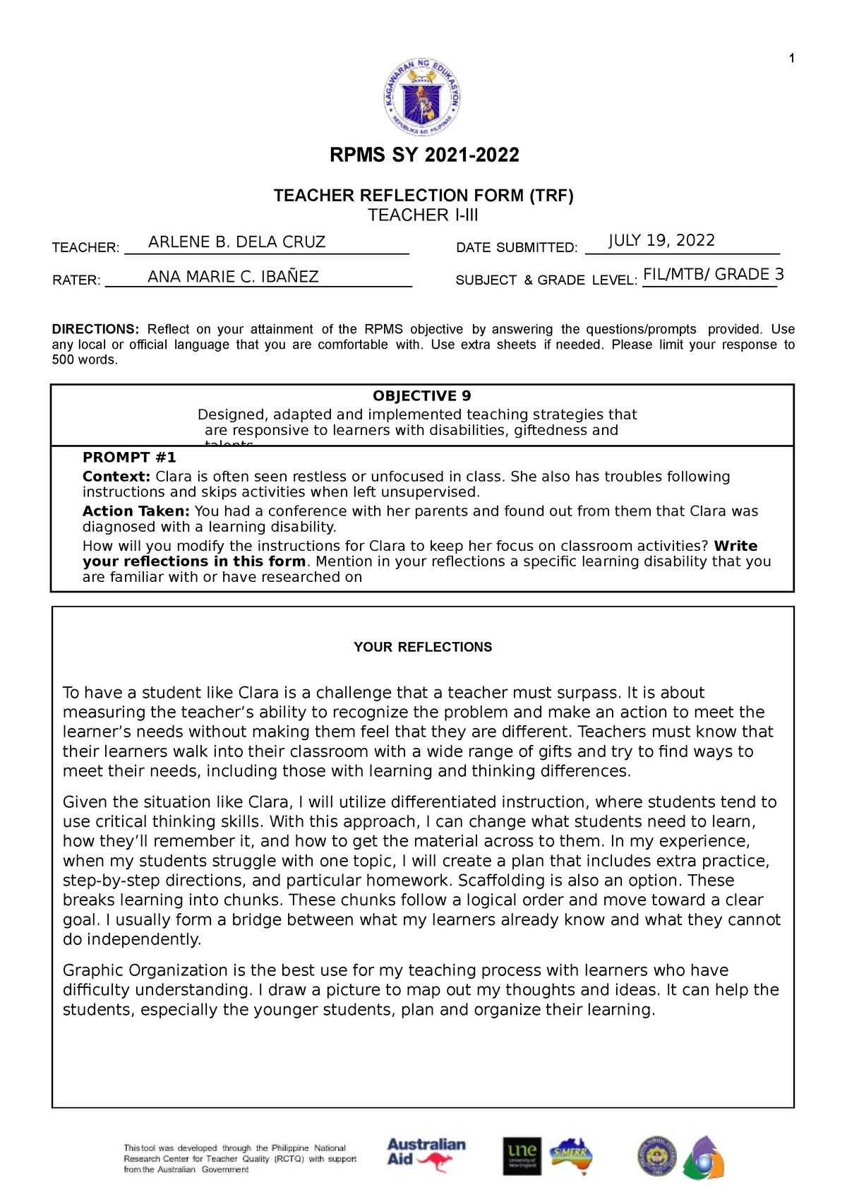 Delacruz Teacher Reflection Form For T I IV For RPMS SY 2021 2022   1