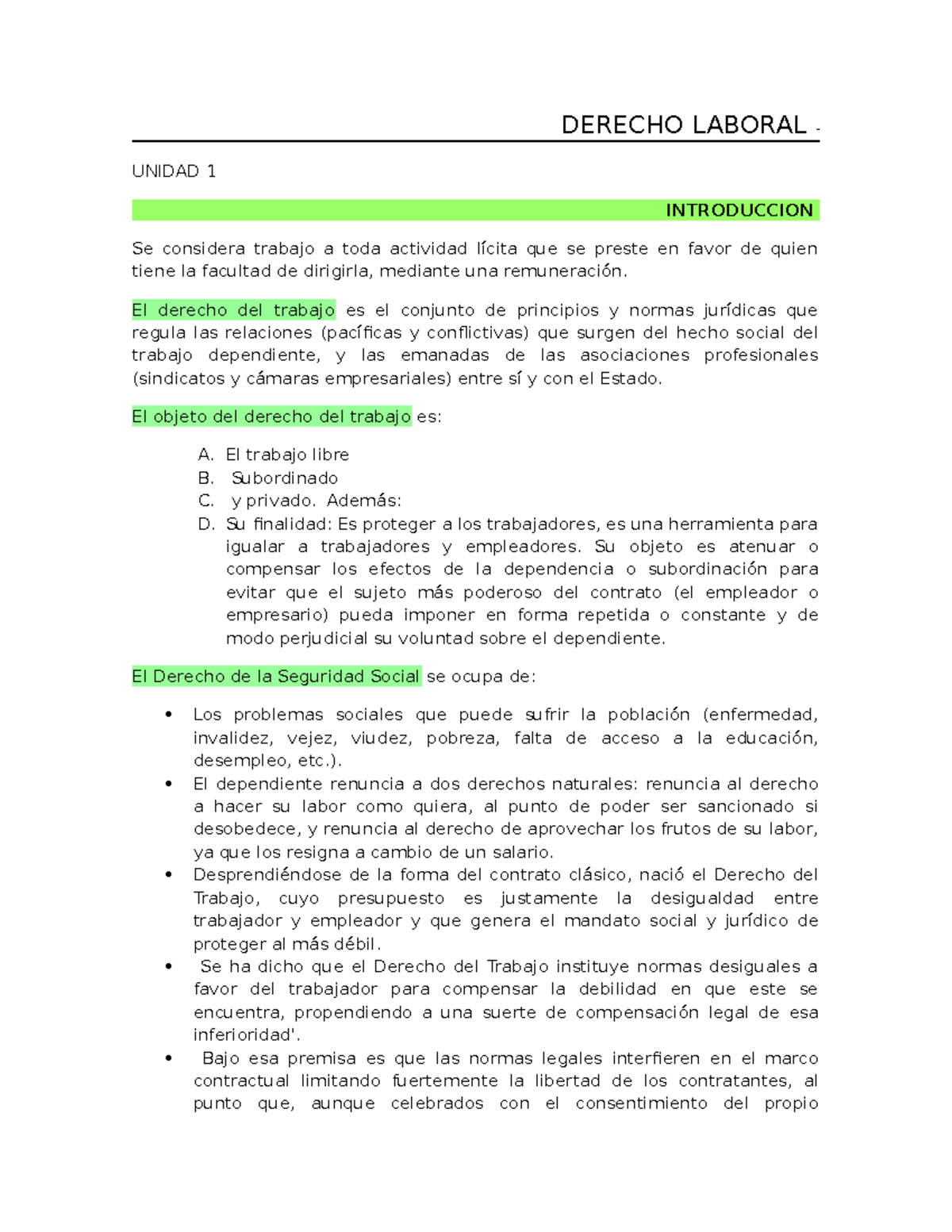 Derecho Laboral apuntes - DERECHO LABORAL - UNIDAD 1 INTRODUCCION Se ...