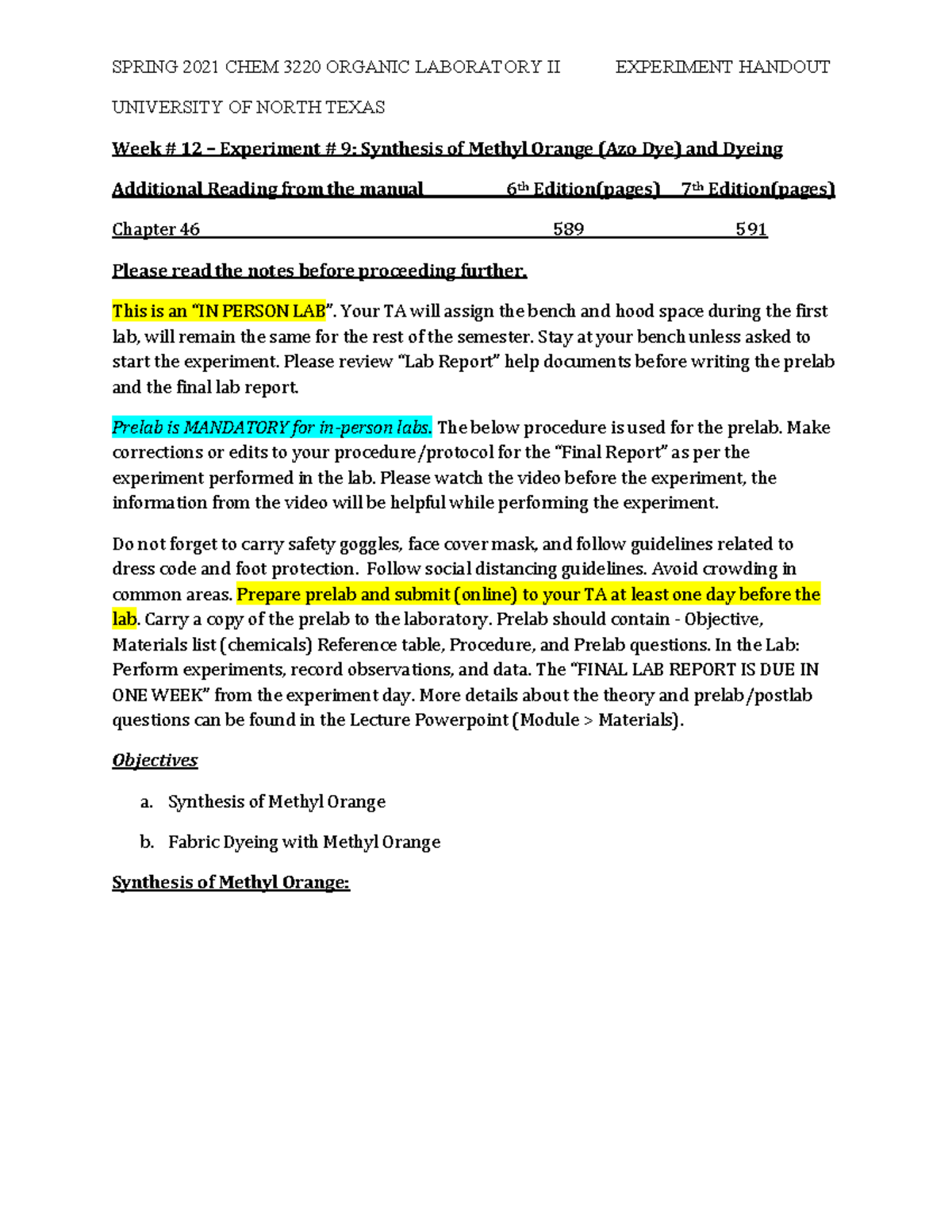 CHEM 3220 Experiment 9 Dyes and Dyeing UNIVERSITY OF NORTH TEXAS