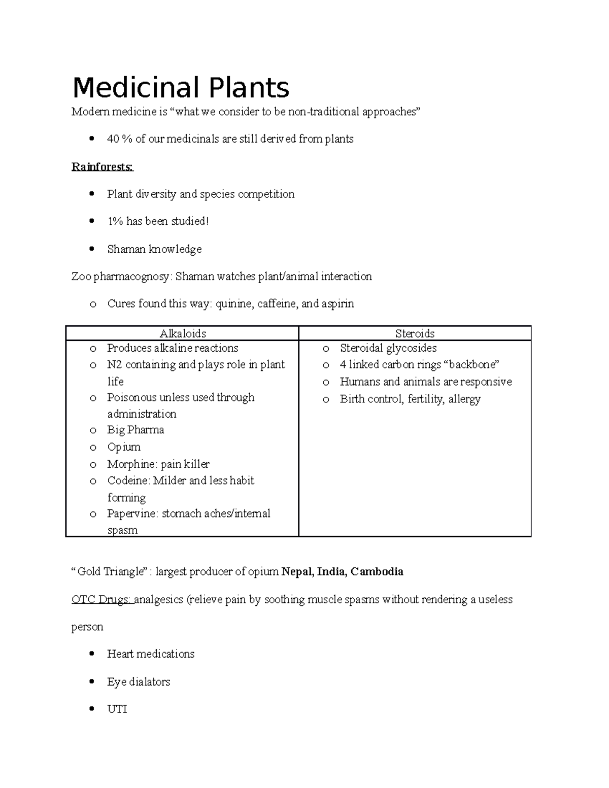 Medicinal Plants - Notes are from the text; no lectures provided ...