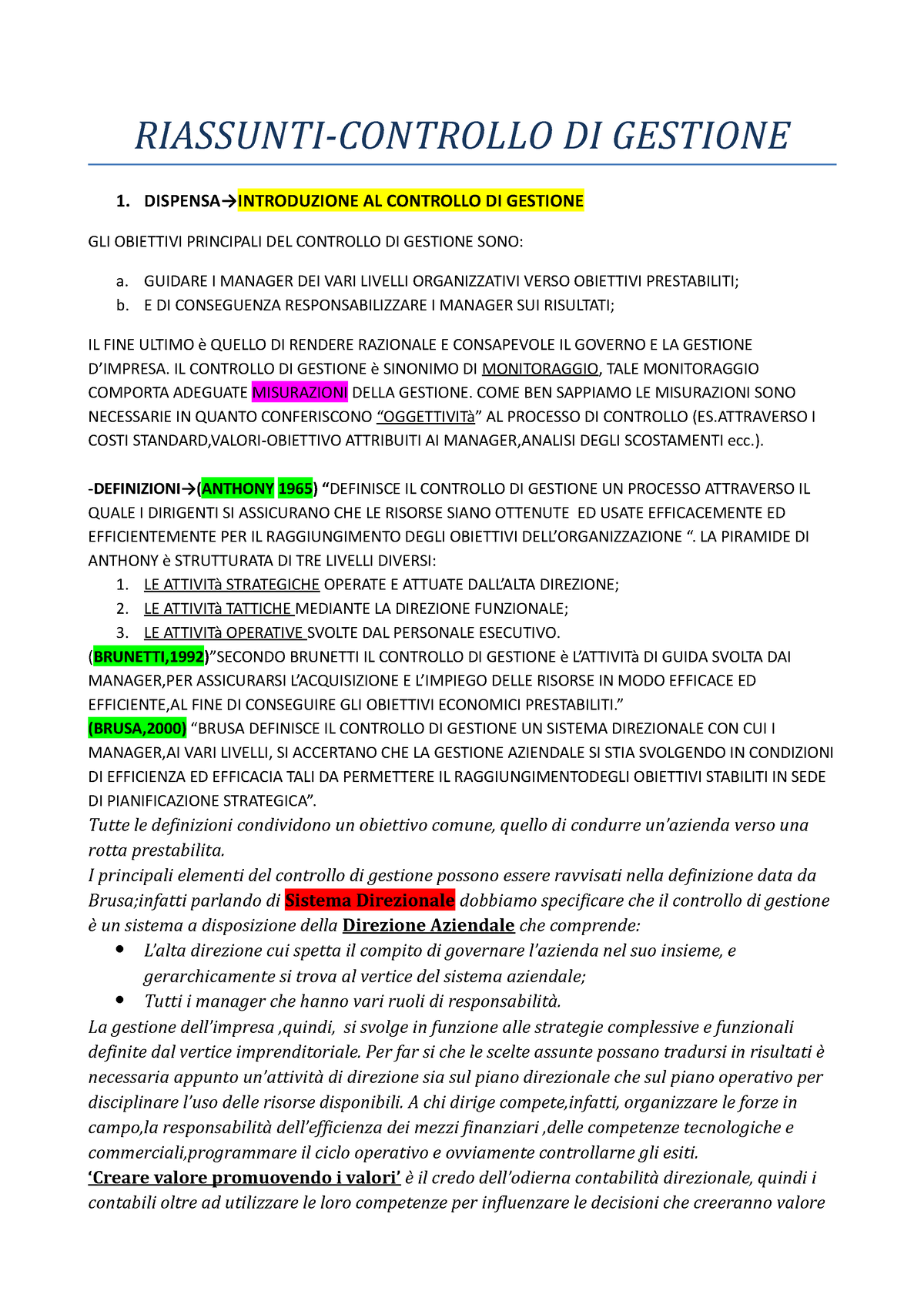 Riassunti Controllo Di Gestione RIASSUNTI CONTROLLO DI GESTIONE DISPENSAINTRODUZIONE AL