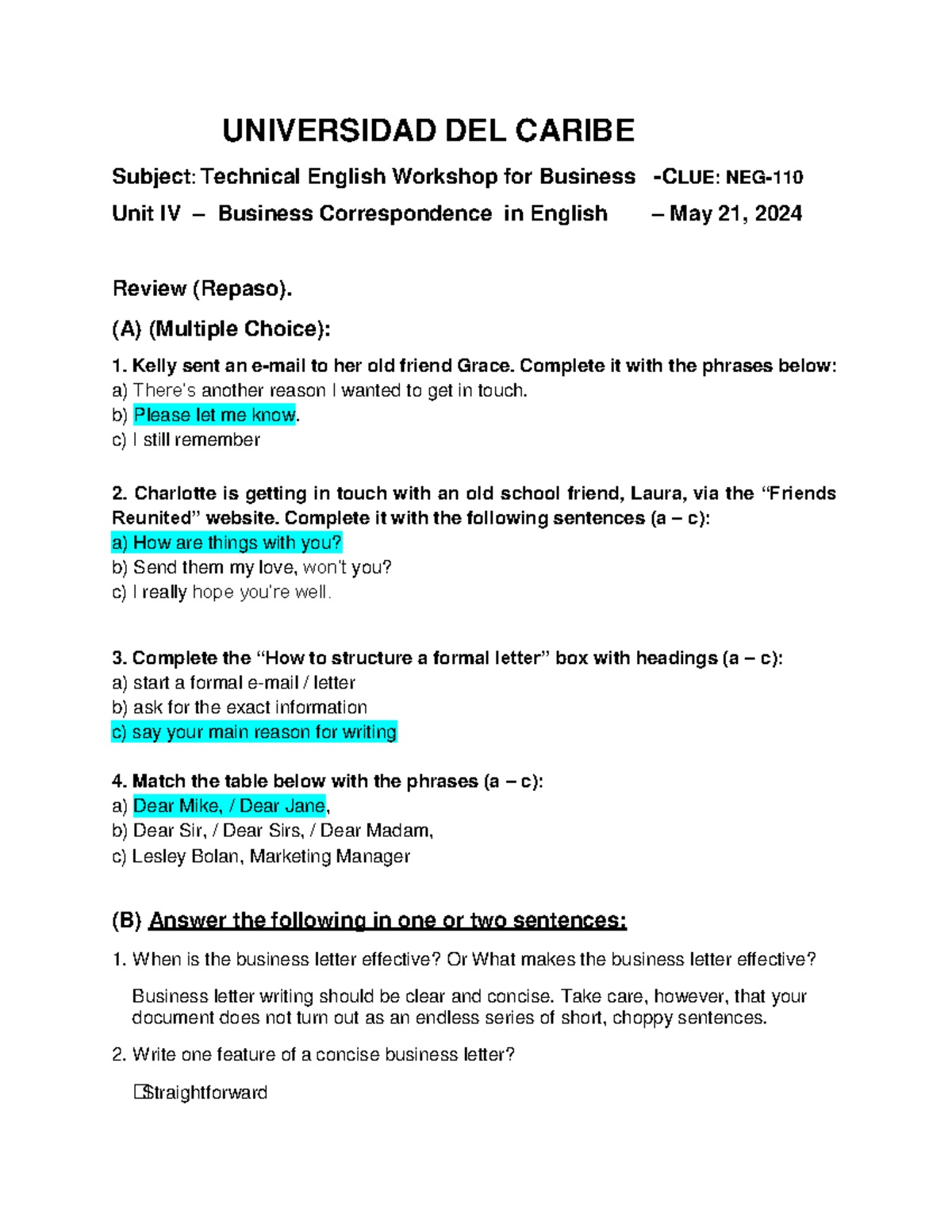 UNIT 4 - Repaso- Business Correspondence IN English - Martes - Nocturno ...
