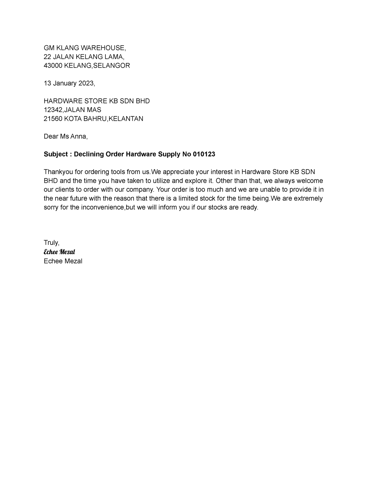 Declining Order Letter - GM KLANG WAREHOUSE, 22 JALAN KELANG LAMA ...