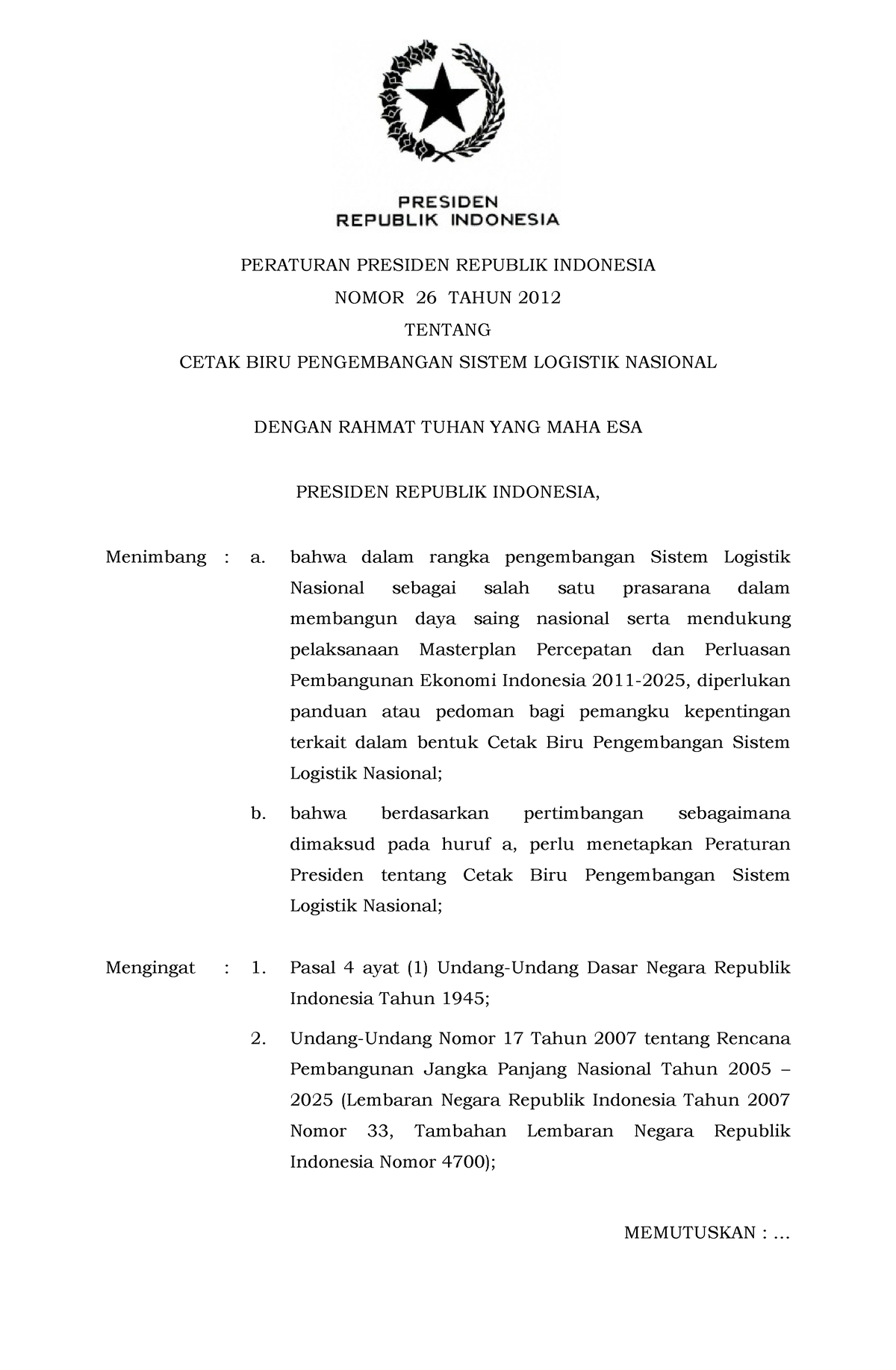 Peraturan Presiden No 26 Tahun 2012 - Teori Hukum - UNAIR - Studocu