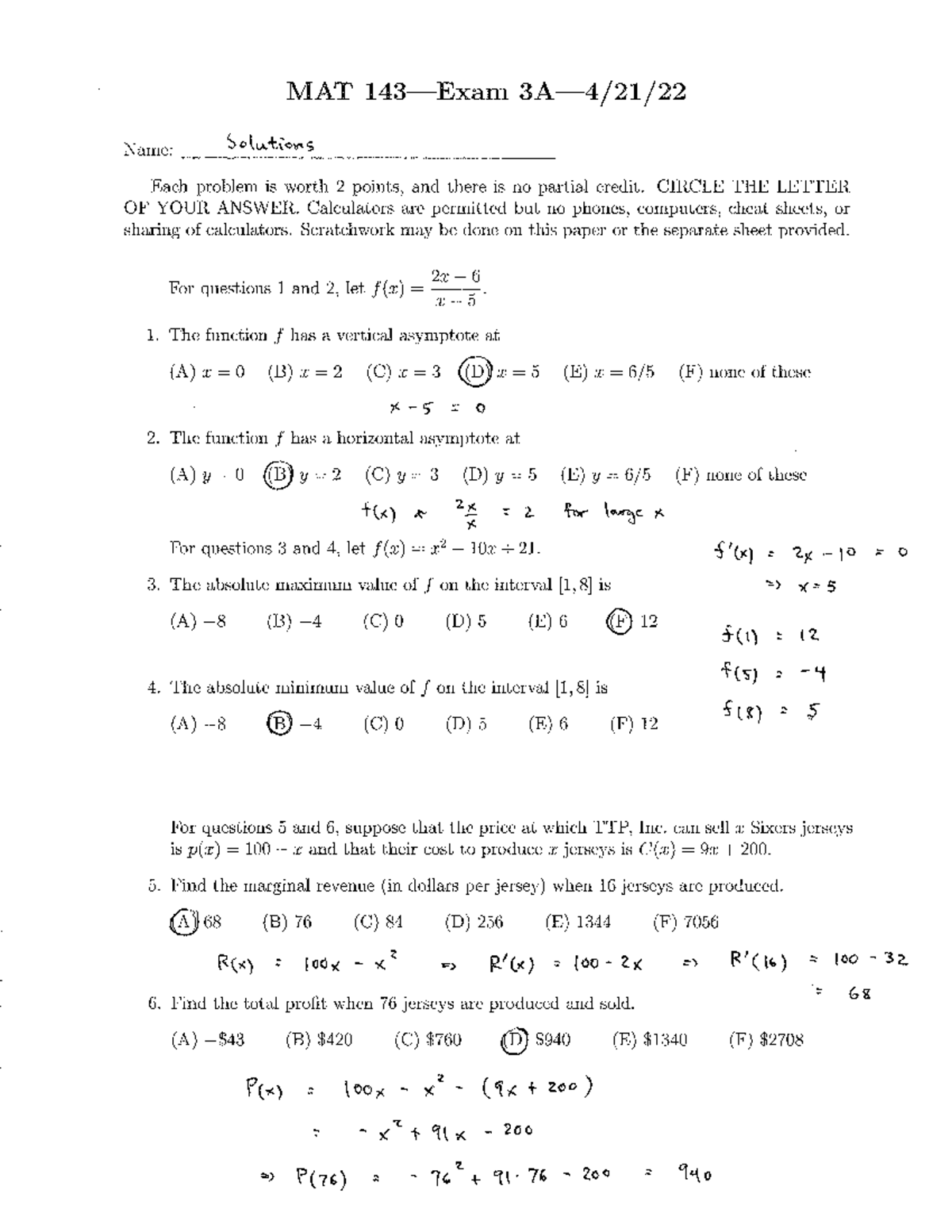 Exam 3A Solutions 21 Apr 2022 - MAT 143 - Studocu
