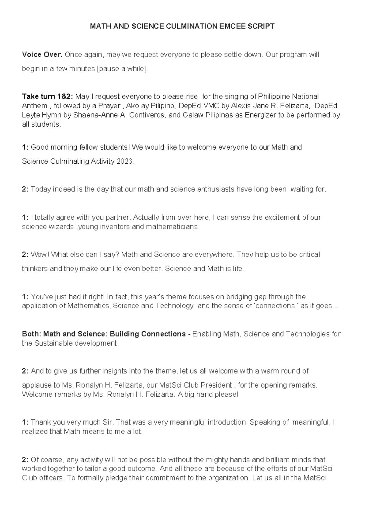 MATH AND Science Culmination Emcee Script - MATH AND SCIENCE ...