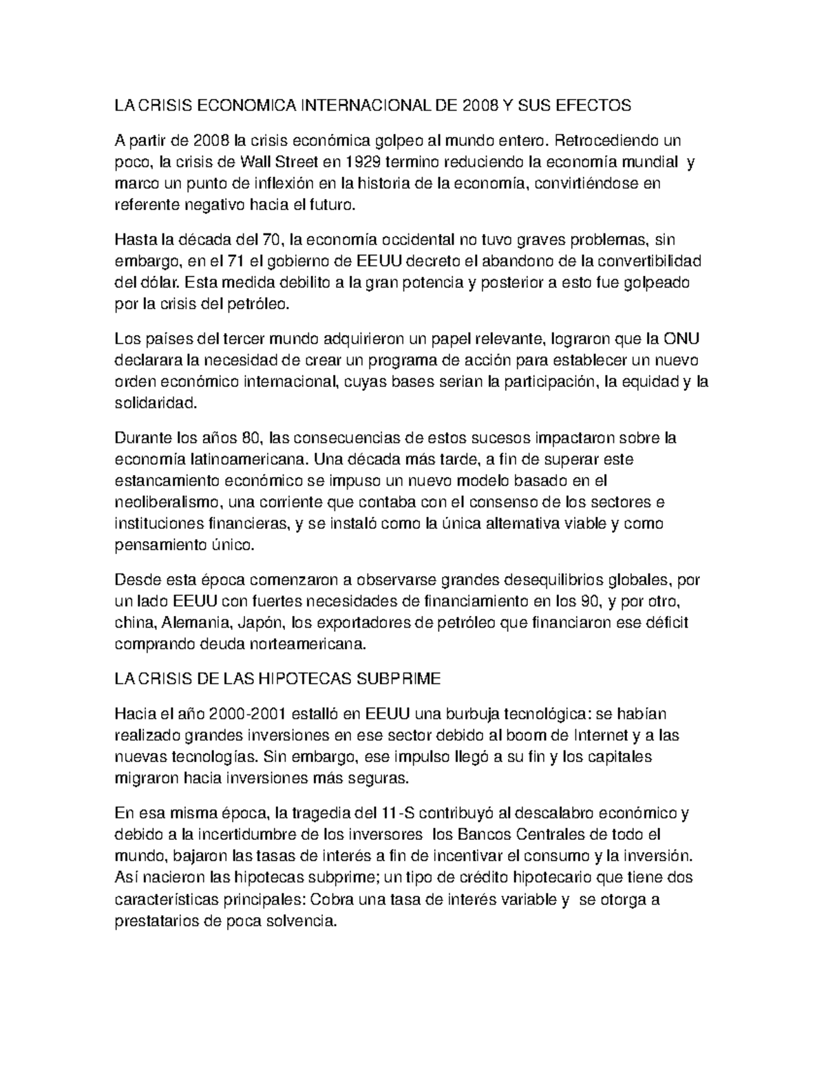 LA Crisis Economica 2008 - LA CRISIS ECONOMICA INTERNACIONAL DE 2008 Y ...