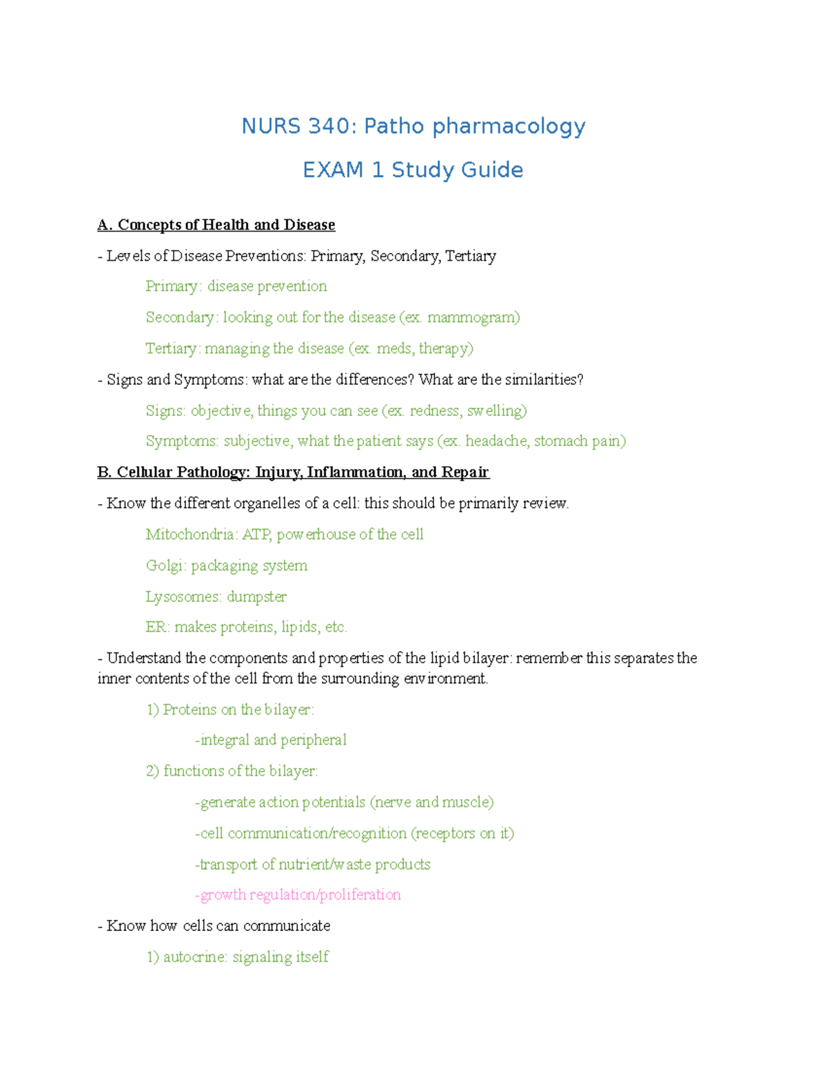 Exam 1 review - Adult health w/ McCormick fall 2019 - NURS 340: Patho ...