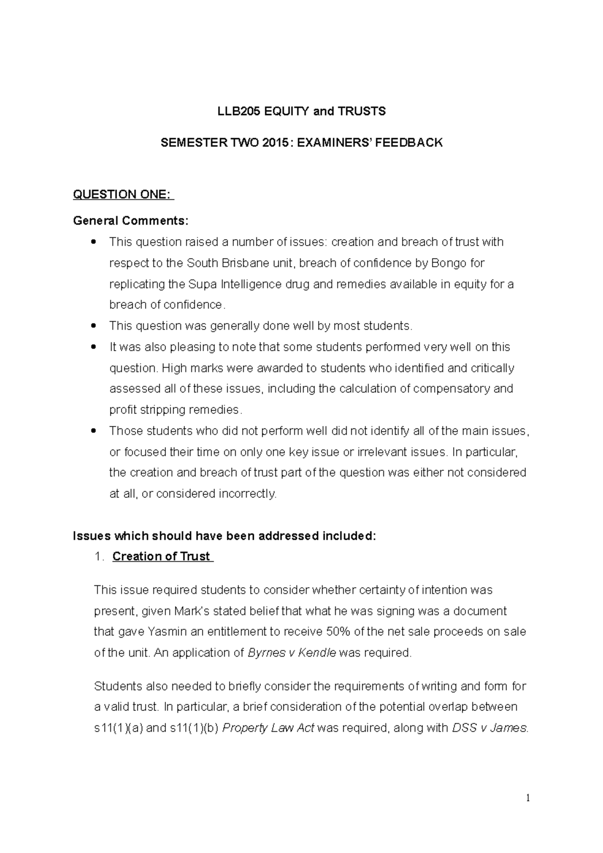 LLB205 past exam 2015 - LLB205 EQUITY and TRUSTS SEMESTER TWO 2015 ...