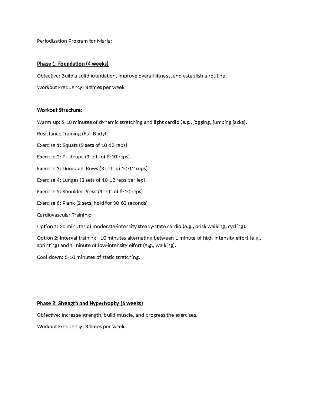 Maria Full training Program - Periodization Program for Maria: Phase 1 ...