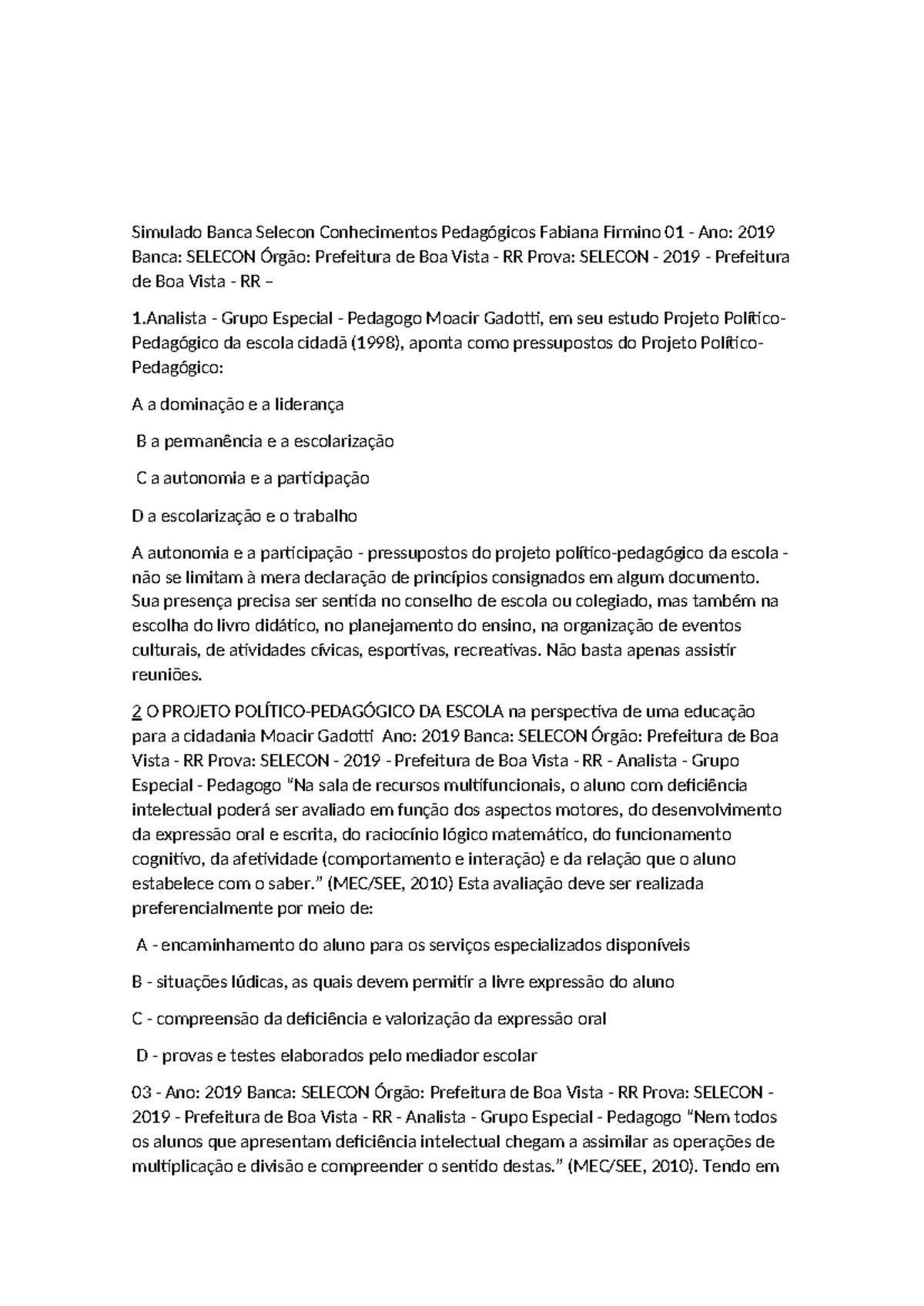 Simulado Banca Selecon Conhecimentos Pedagógicos Fabiana Firmino 01 ...