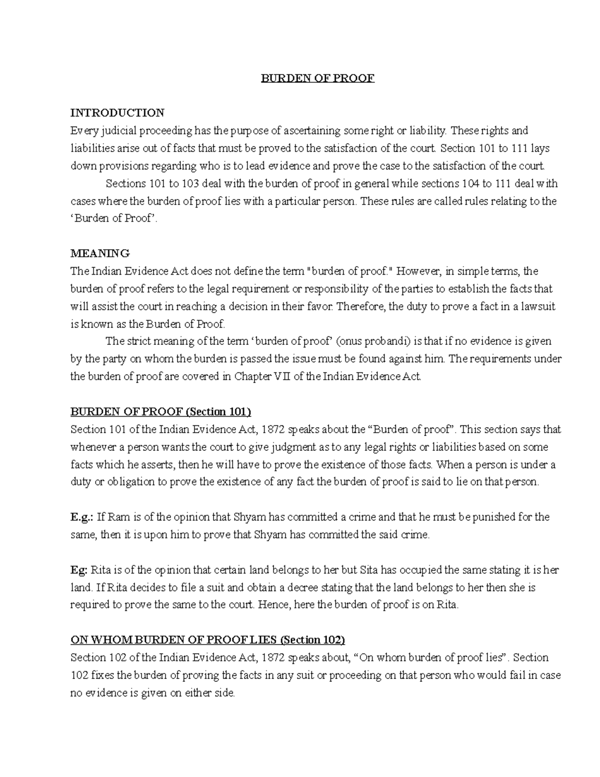 Burden OF Proof Notes BURDEN OF PROOF INTRODUCTION Every judicial