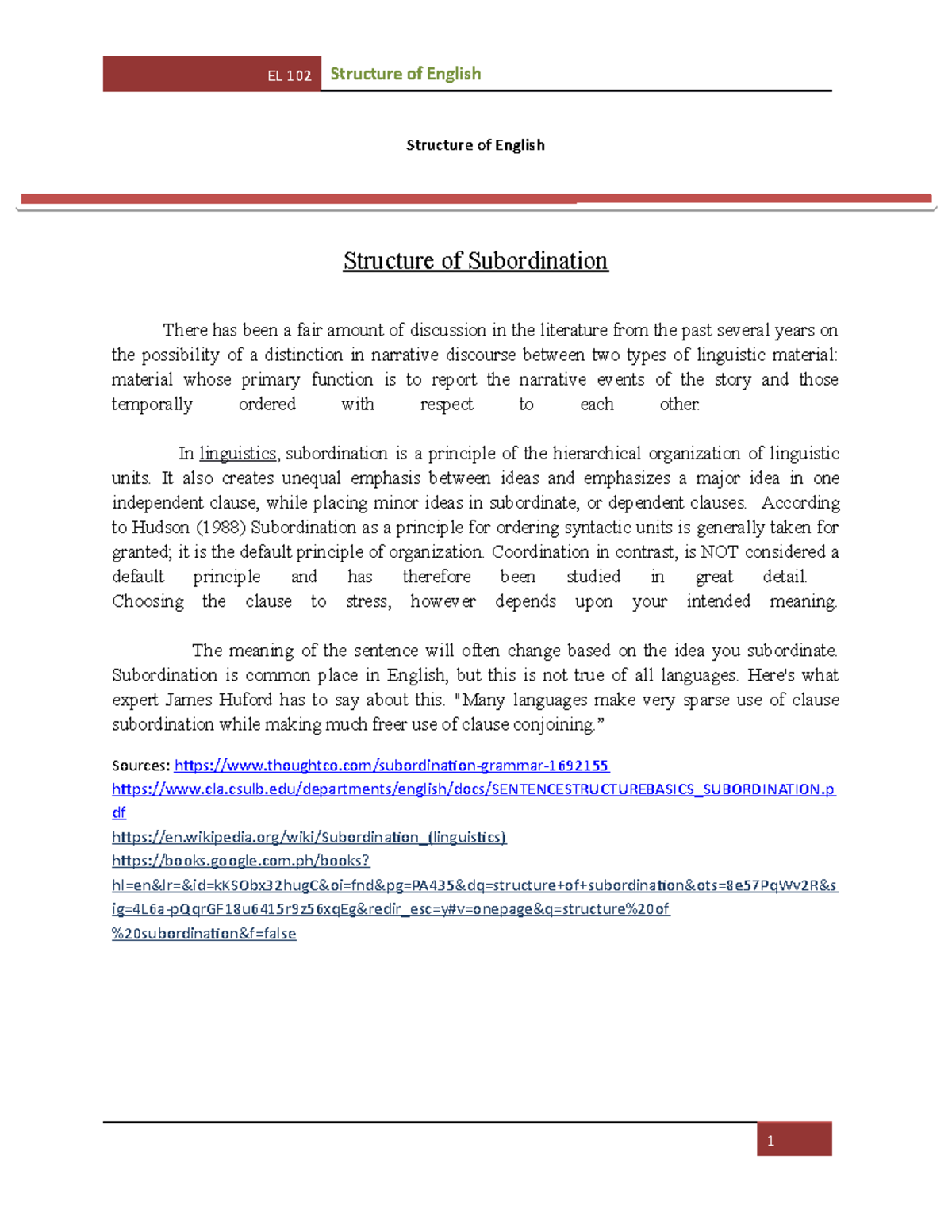 Structure of English Written Report Structure of Subordination ...
