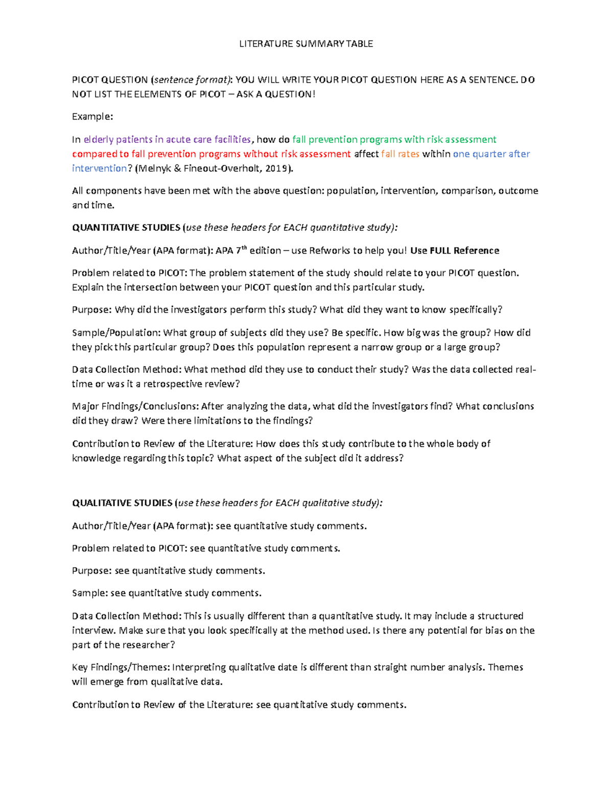 Week 5 Research Summary Instructions Jan 22 - LITERATURE SUMMARY TABLE ...