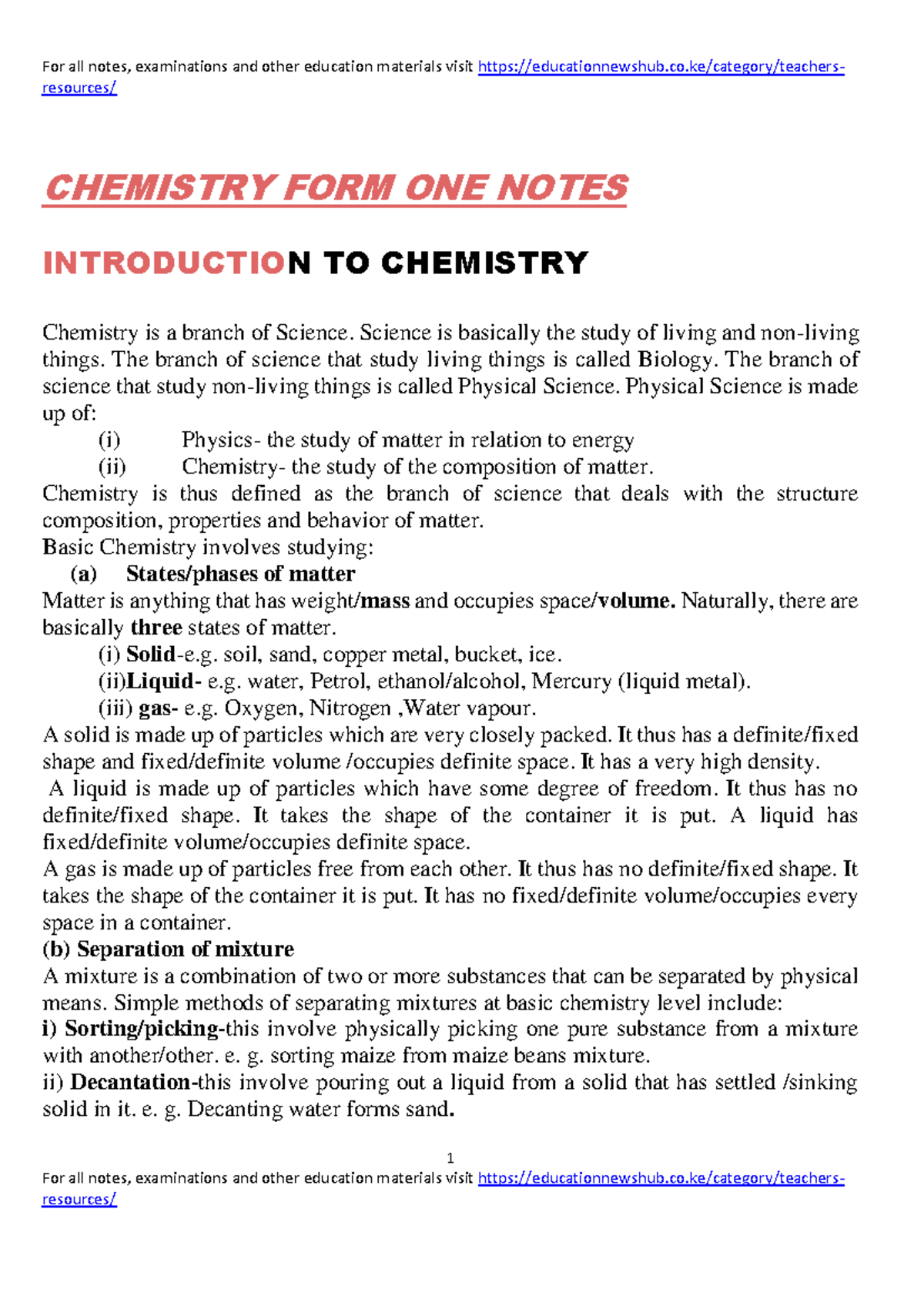 Chemistry FORM ONE Notes - resources/ 1 For all notes, examinations and ...