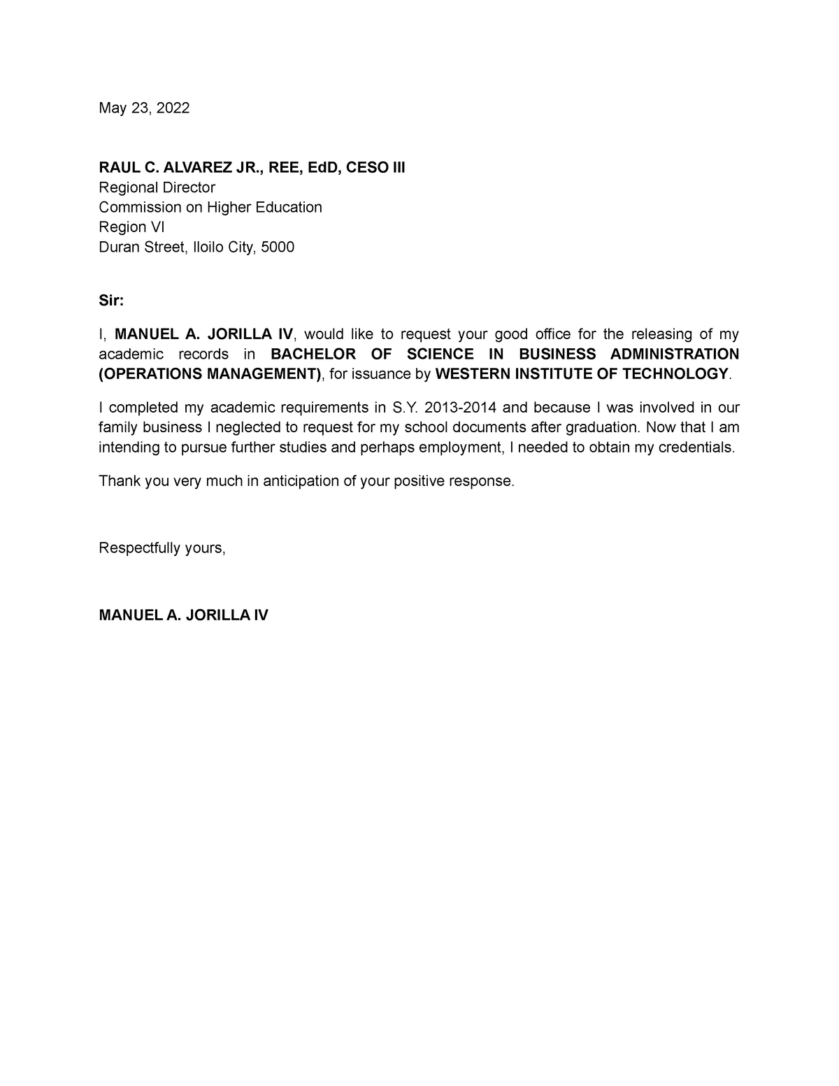 Ched Letter Yuan Request Letter For Transcript May 23 2022 RAUL C 