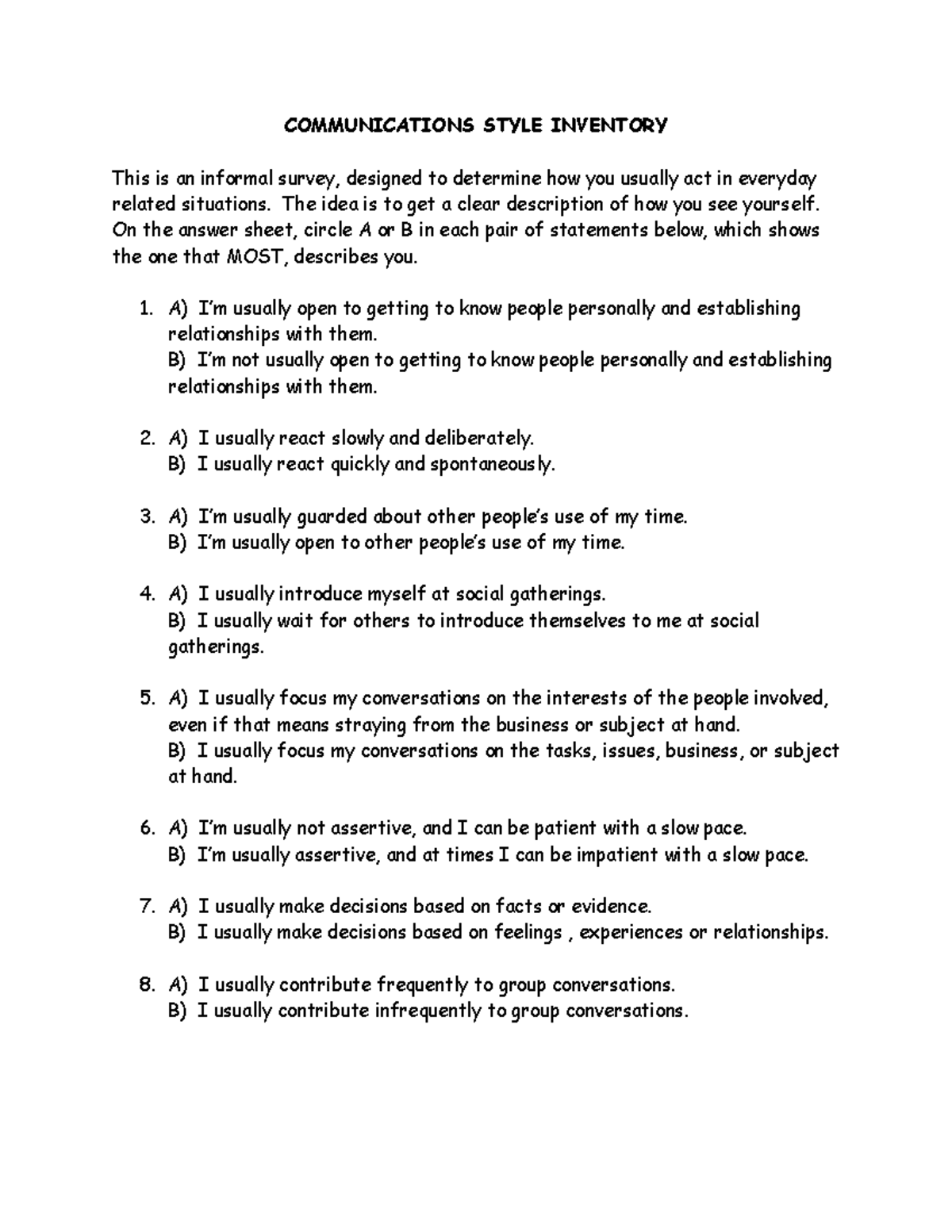 Week 3 Communications Style Inventory Communications Style Inventory This Is An Informal