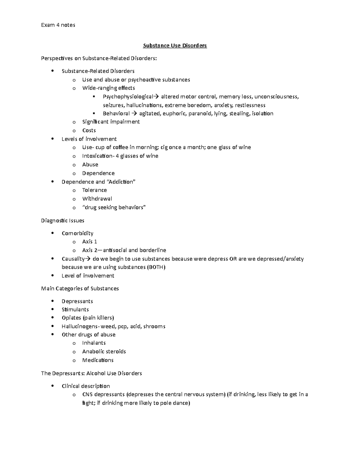 4-9-14 Lecture Notes - Exam 4 Notes Substance Use Disorders ...