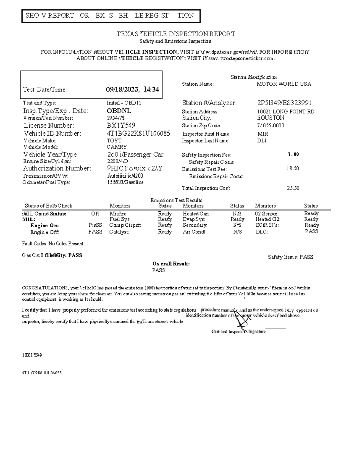 Report - math - TEXAS F EHICLE INSPECTION REPORT Safety and Emissions ...