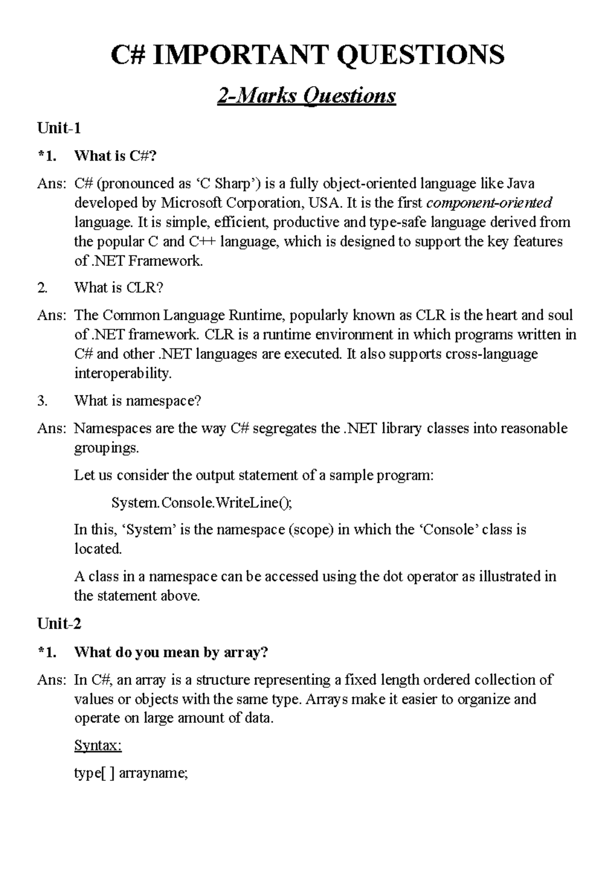 C Notes C IMPORTANT QUESTIONS 2Marks Questions Unit *1. What is