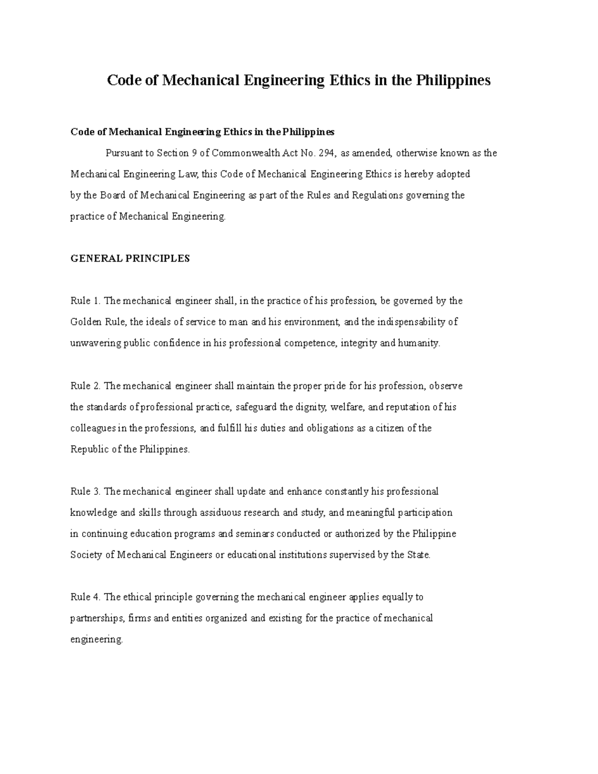 Code of Mechanical Engineering Ethics in the Philippines 294, as