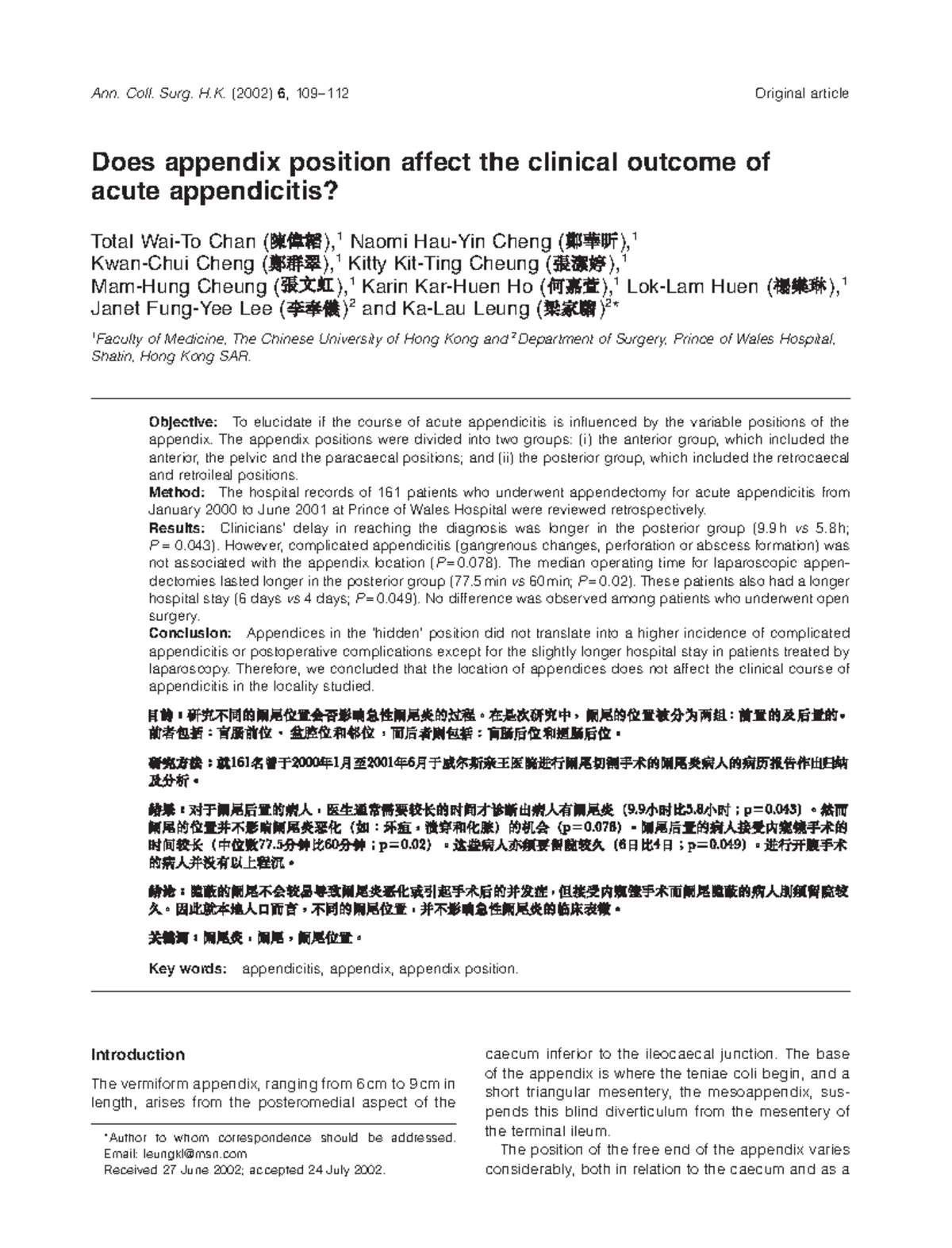 Does appendix position affect the clinic - Ann. Coll. Surg. H. (2002) 6 ...