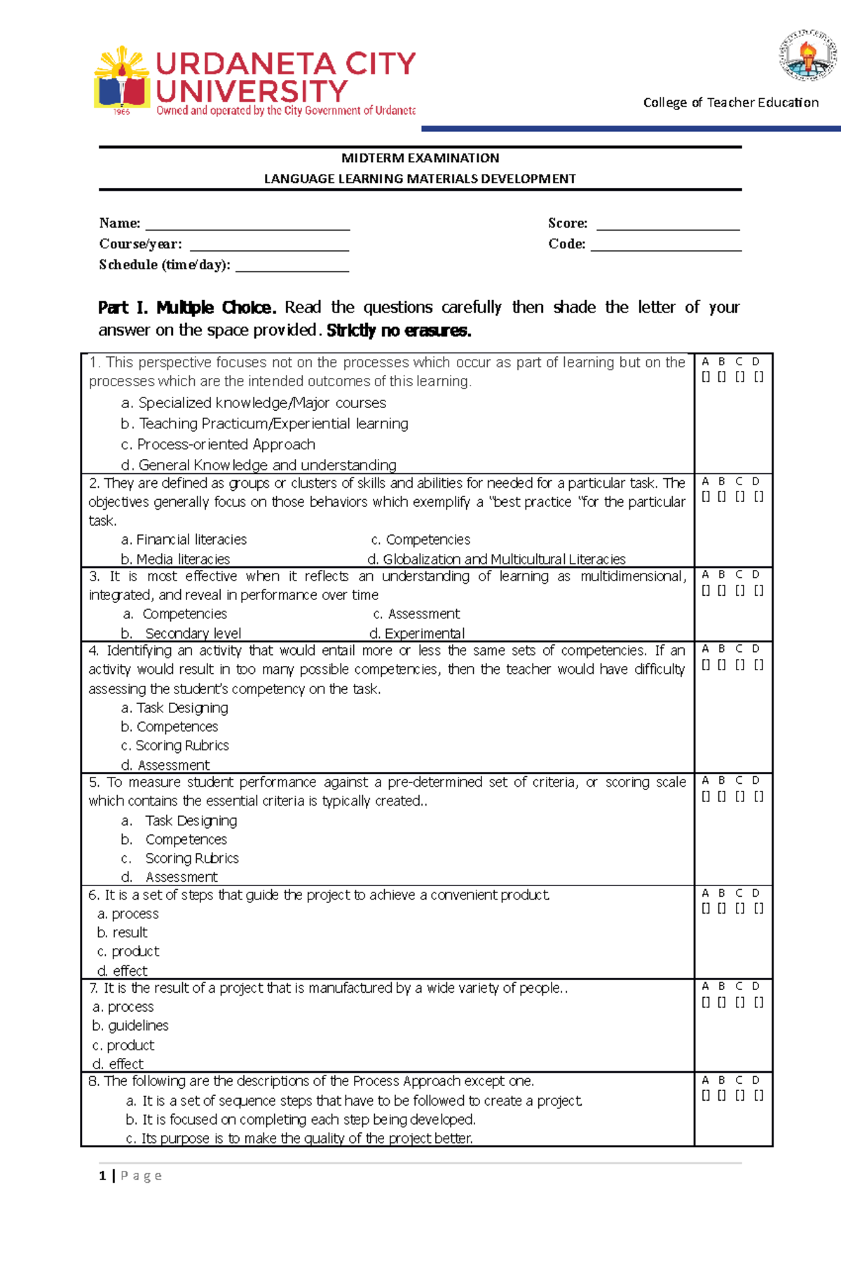 Lang Learning Matl Dev Midterm MIDTERM EXAMINATION LANGUAGE LEARNING