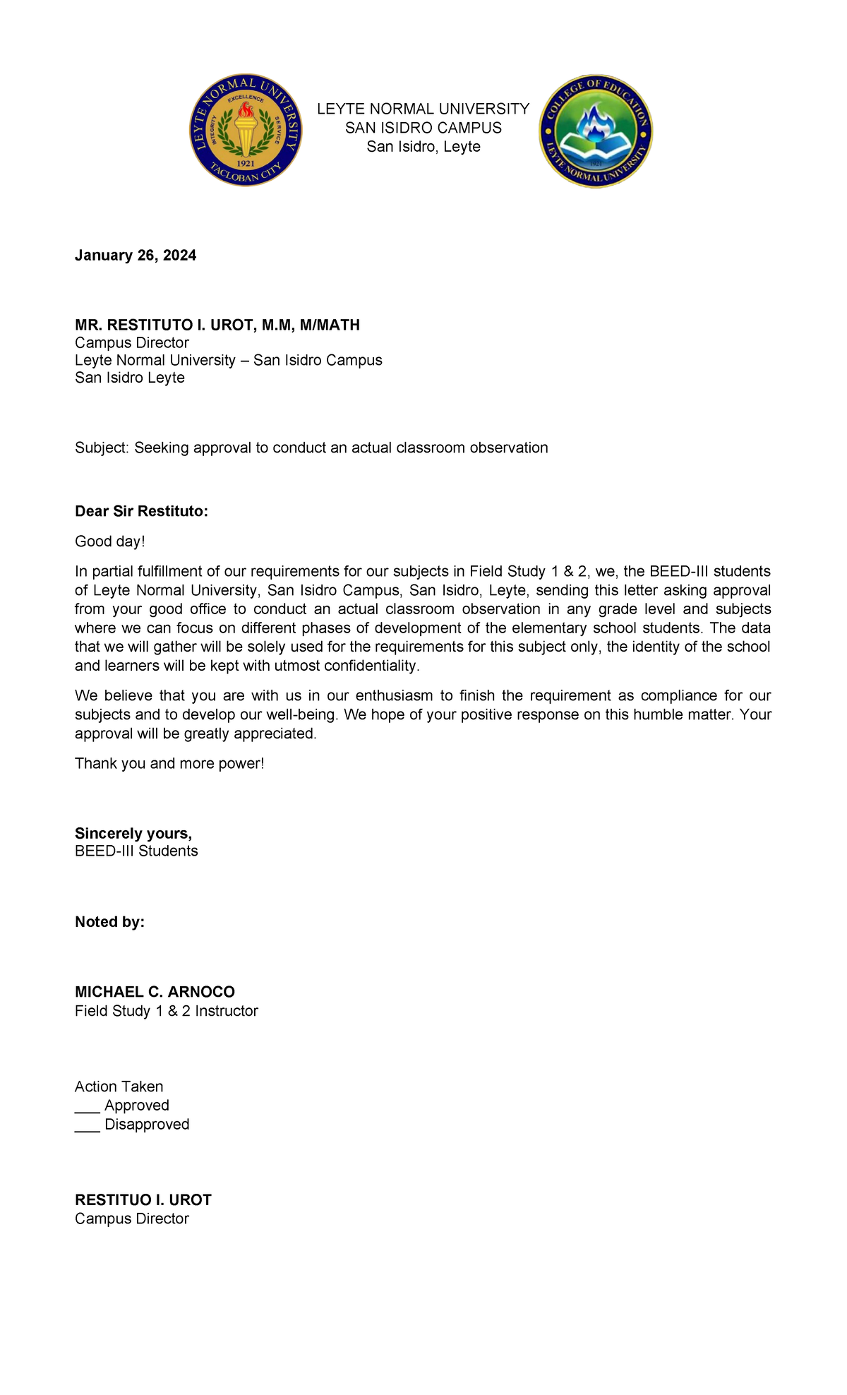 Field Study Communication Letter - LEYTE NORMAL UNIVERSITY SAN ISIDRO ...