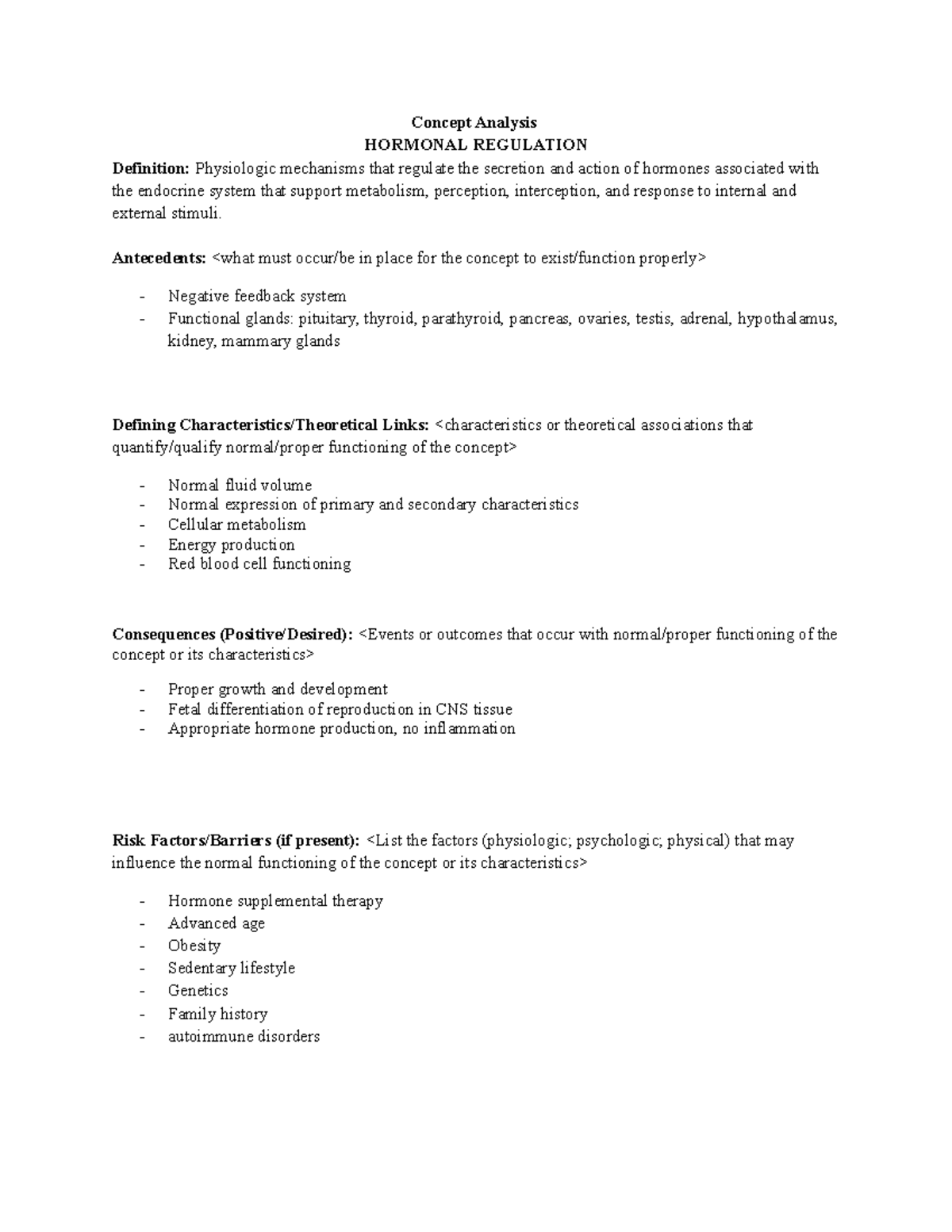 CA Hormone Regulation - Concept Analysis HORMONAL REGULATION Definition