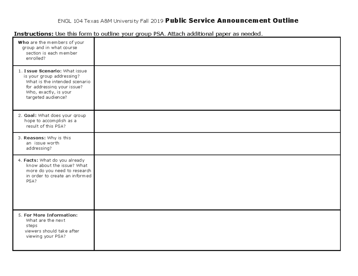 PSA outline frame work for essay ENGL 104 Texas A&M University Fall