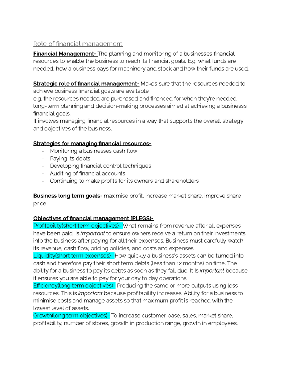 Business studies notes Finance - Role of financial management Financial ...