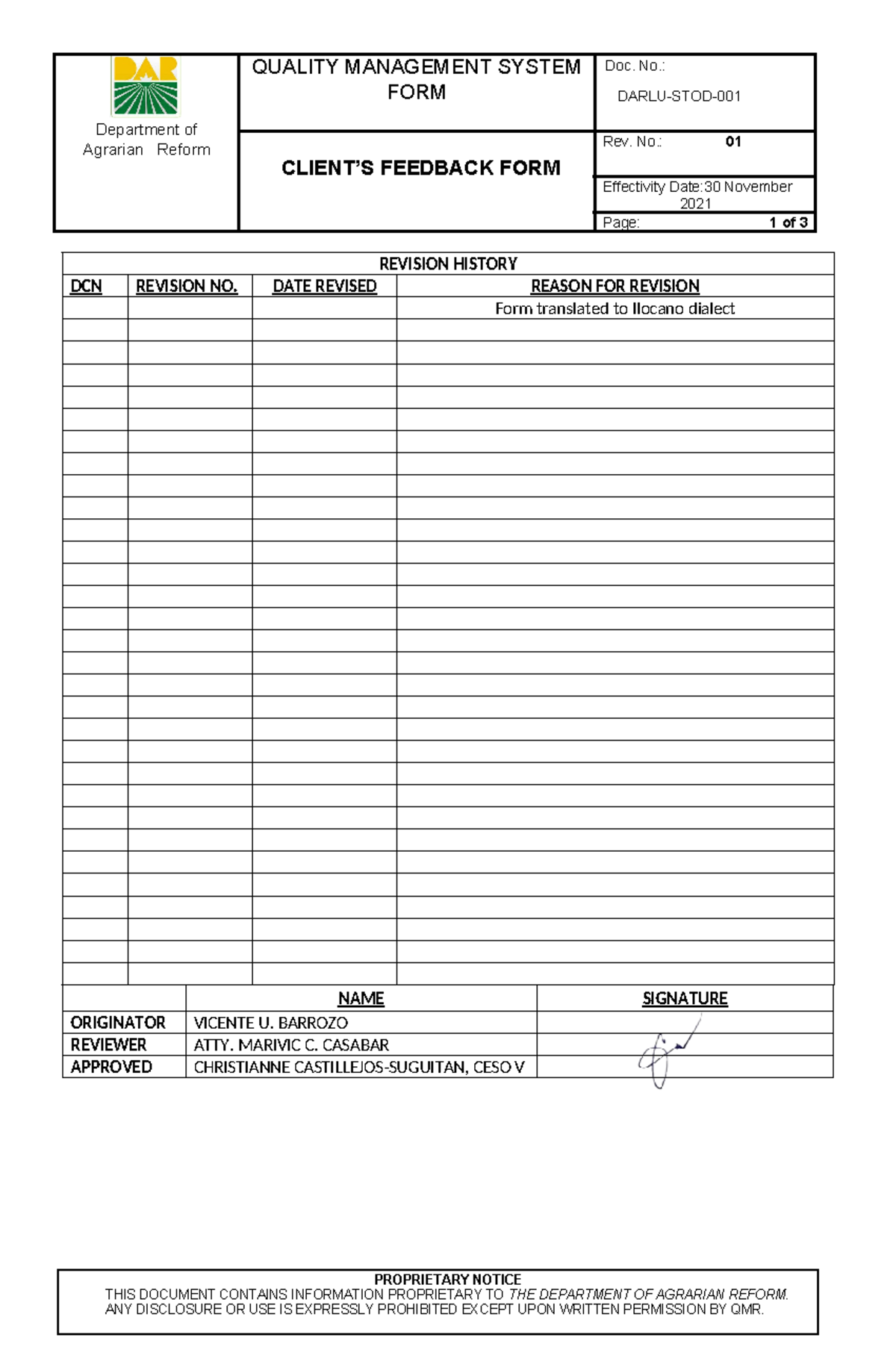 DAR LU Client Assistance Satisfaction Form Ilocano STOD - Department of ...