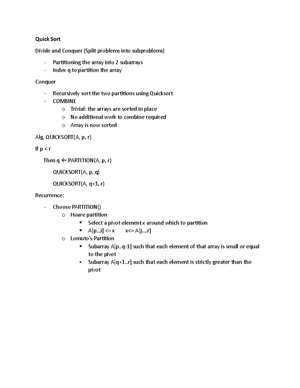 CMPE 130 Quick Sort - Lecture notes 6 - Quick Sort Divide and Conquer ...
