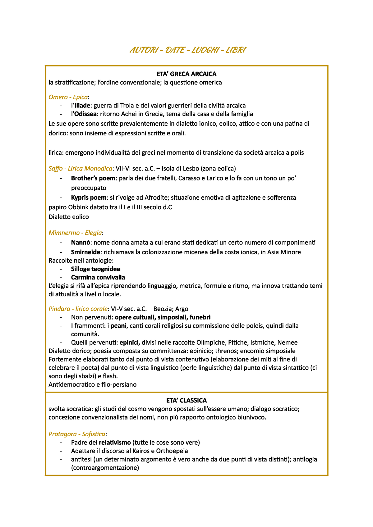 Schema Riassuntivo Pre-Esame - Introduzione Alla Cultura Classica I ...